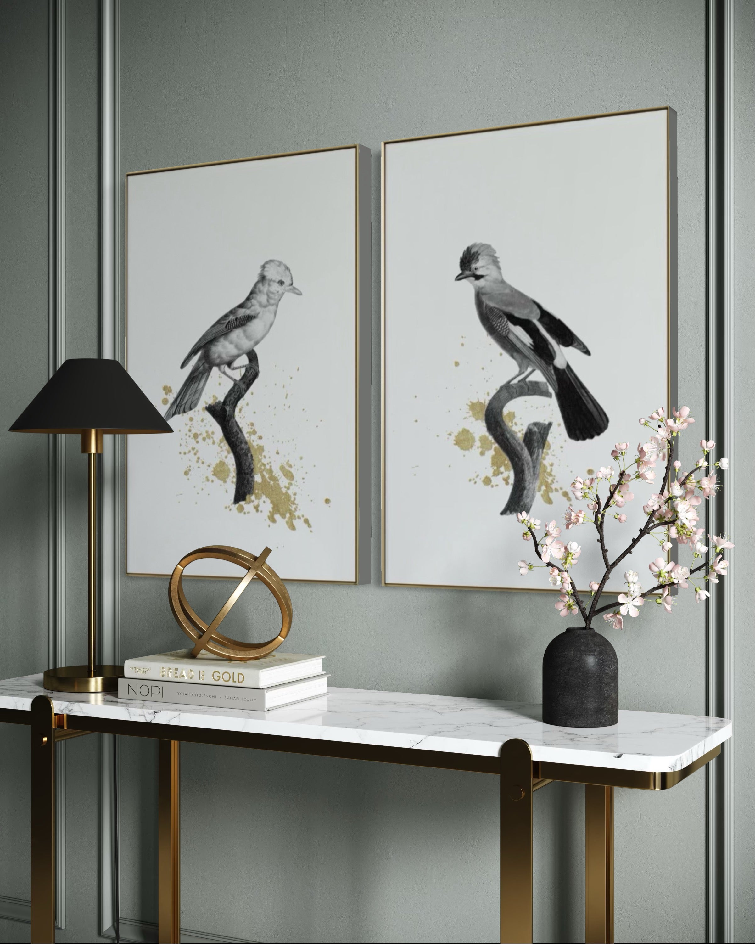 Set Cuadros Decorativos Abstracto Negro Arena 2 - 264 - Diptico Boceto de Pájaros Arte de Aves En Blanco, Negro y Dorado Oro