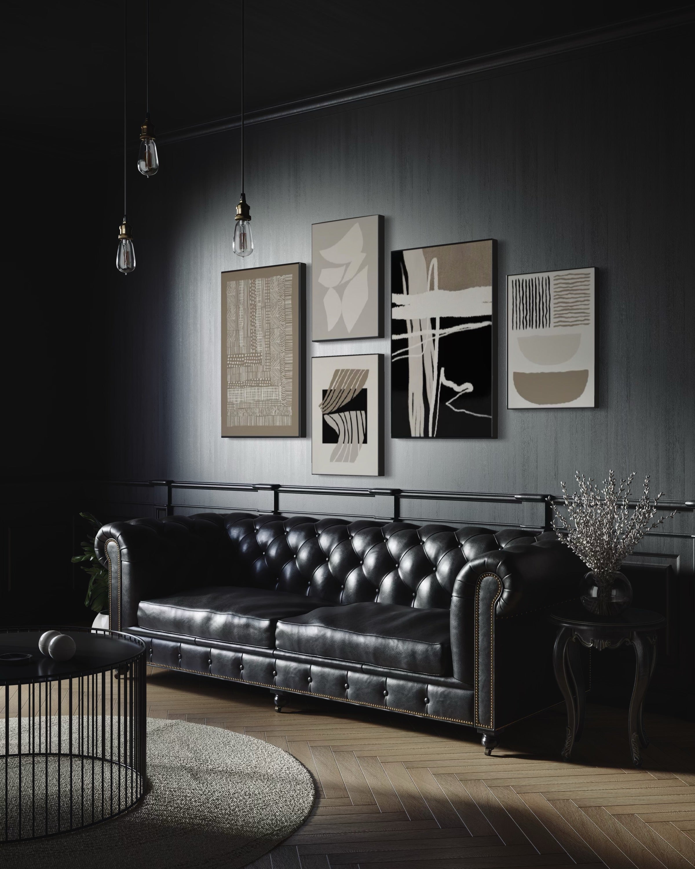 Set Cuadros Decorativos Abstracto Negro Arena 2 - 218A - 5piezas Minimalistas Arte Moderno Estilo Nordico en Tonos Neutros