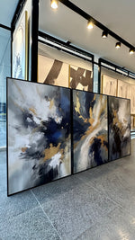 Cargar imagen en el visor de la galería, Set de 3 Cuadros Decorativos Abstract Colors 3 - 310 - Arte Moderno y Elegante en tono Azul, Gris y Dorado-Triptico
