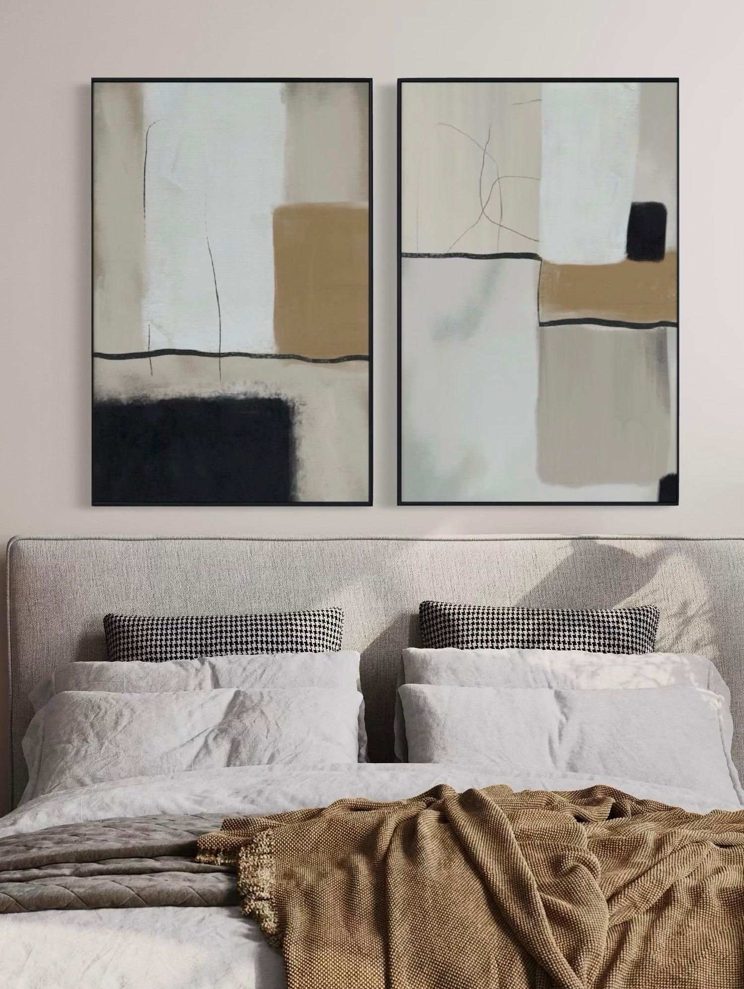 Set Cuadros Decorativos Abstracto Negro Arena 2 - 217 - Diptico Moderno y Elegante Arte Estilo Nordico Tonos Neutros