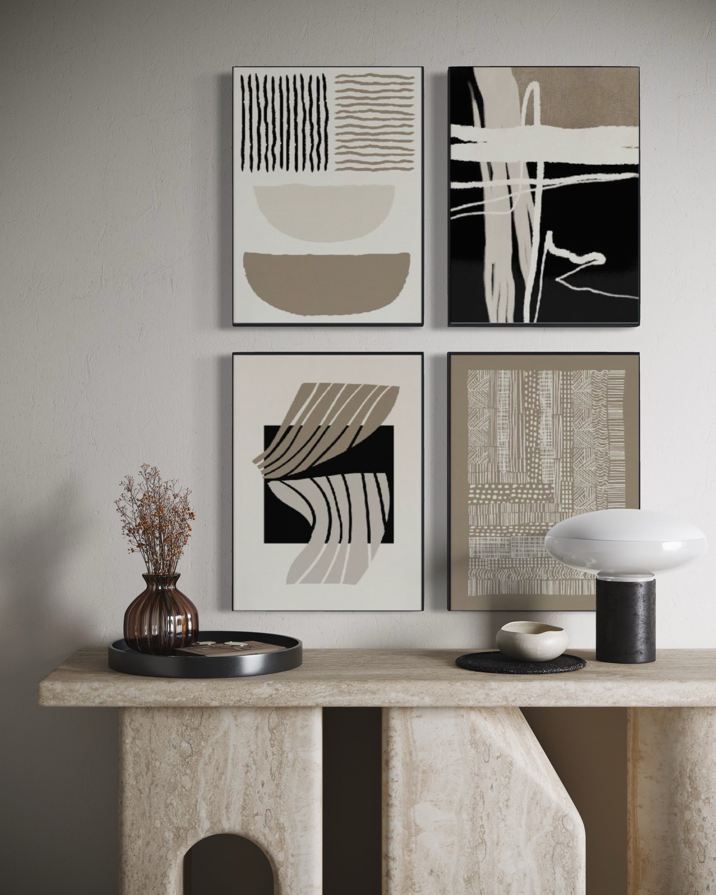 Set Cuadros Decorativos Abstracto Negro Arena 2 - 218 C - 4piezas Arte Moderno y Minimalista Estilo Boho Nordico Tonos Neutros