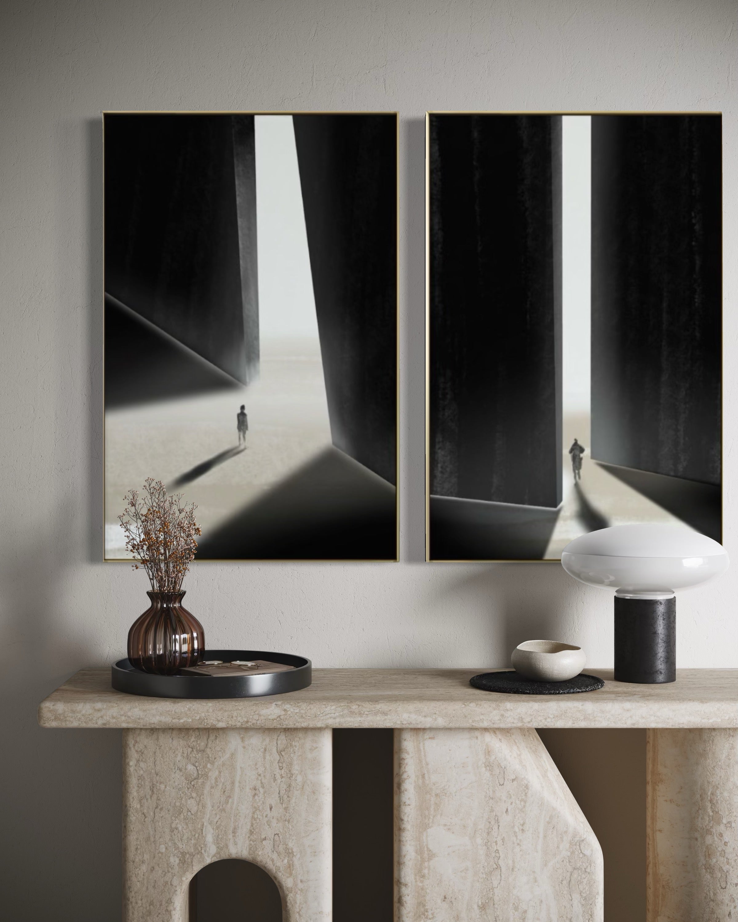 Set Cuadros Decorativos Abstracto Negro Arena 2 - 237 - Diptico Siluetas Humanas Arte Moderno Minimalista Puertas Estilo Nordico Tonos Neutros