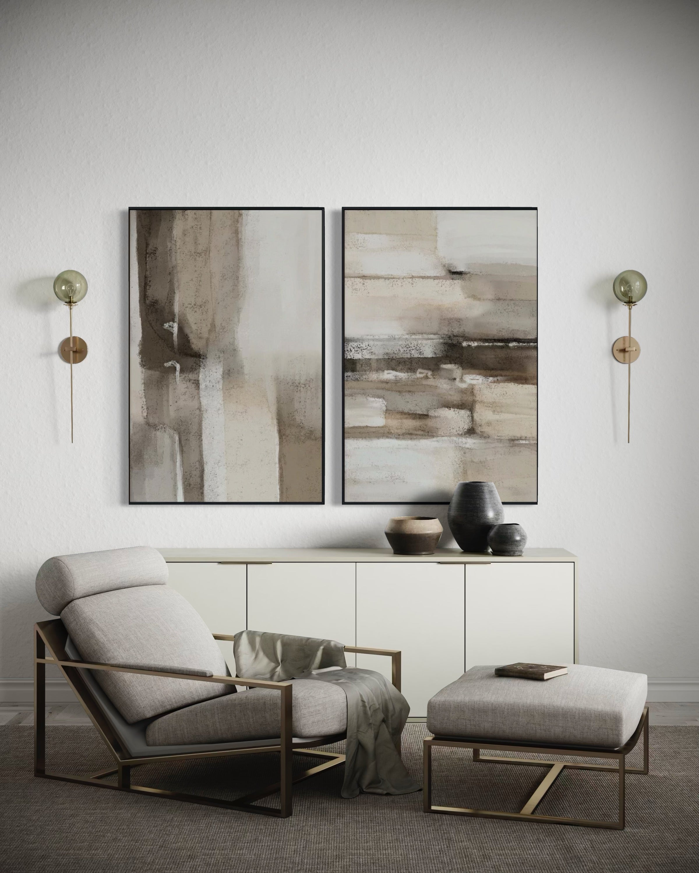 Set Cuadros Decorativos Abstracto Negro Arena 2 - 211 - Diptico en Tonos Tierra Colores Neutros Arte Moderno y Minimalista Estilo Nordico