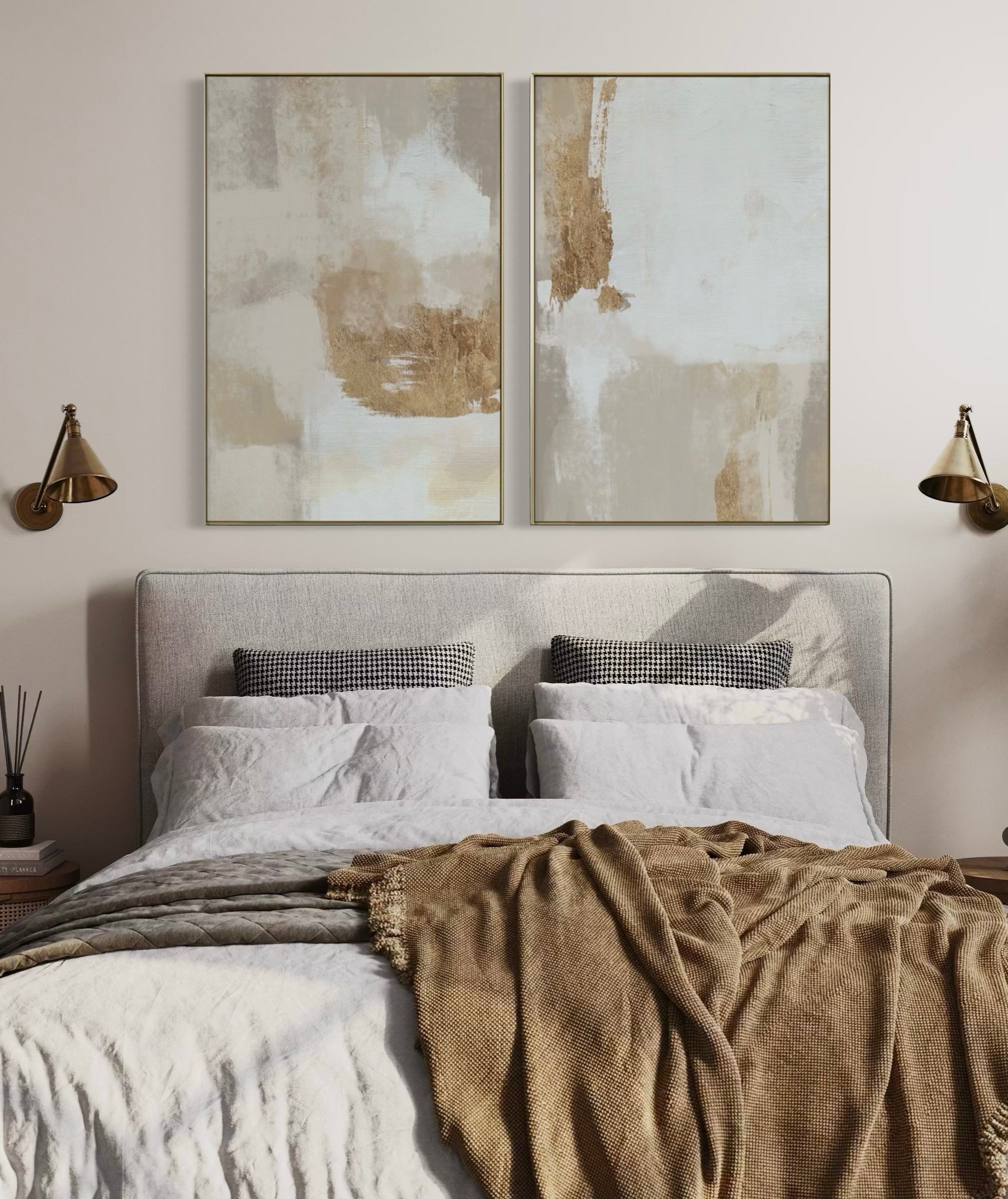 Set Cuadros Decorativos Abstracto Negro Arena 2 - 279 - Diptico Moderno y Elegante Arte Estilo Boho en Blanco, Beige y Dorado Oro