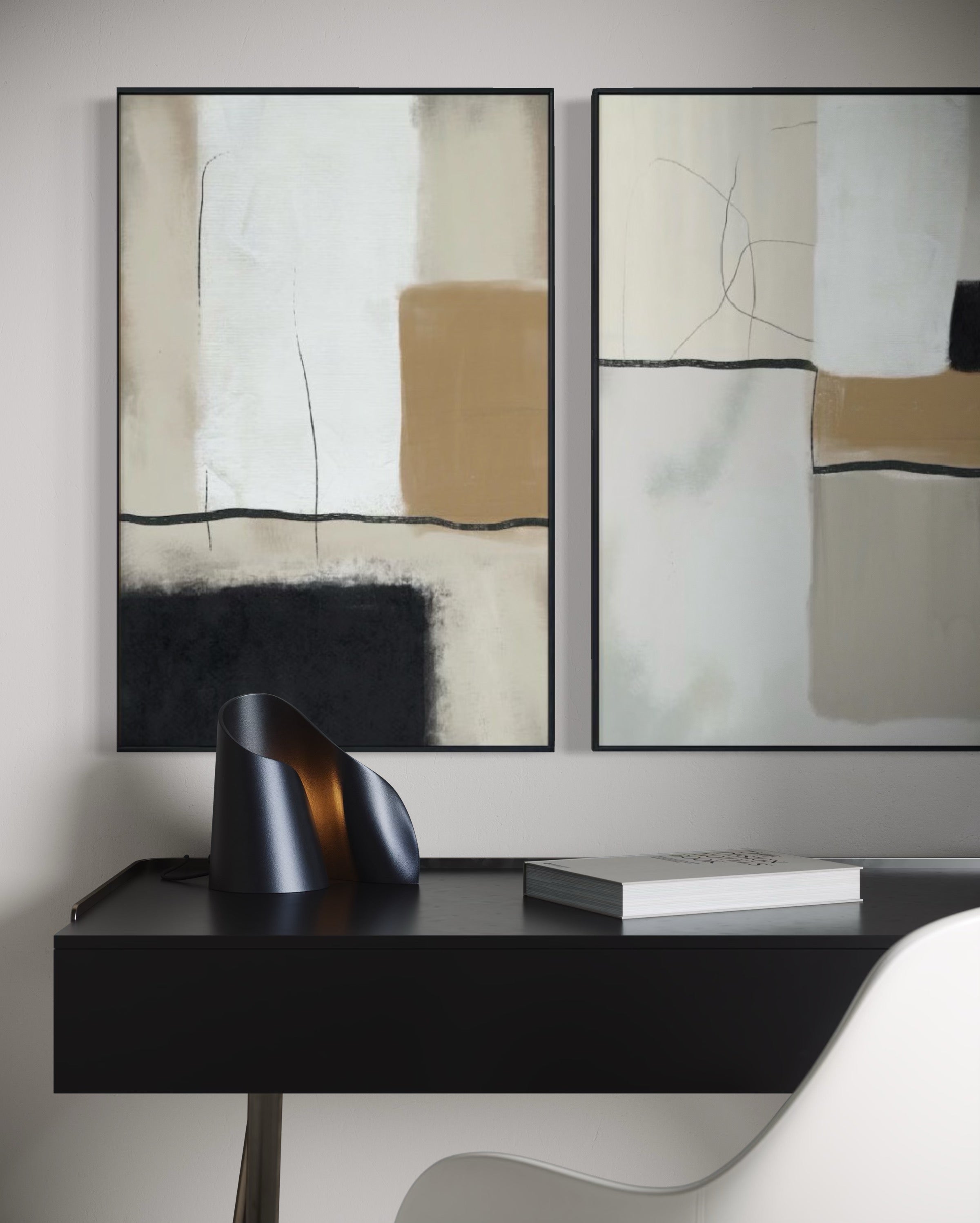 Set Cuadros Decorativos Abstracto Negro Arena 2 - 217 - Diptico Moderno y Elegante Arte Estilo Nordico Tonos Neutros