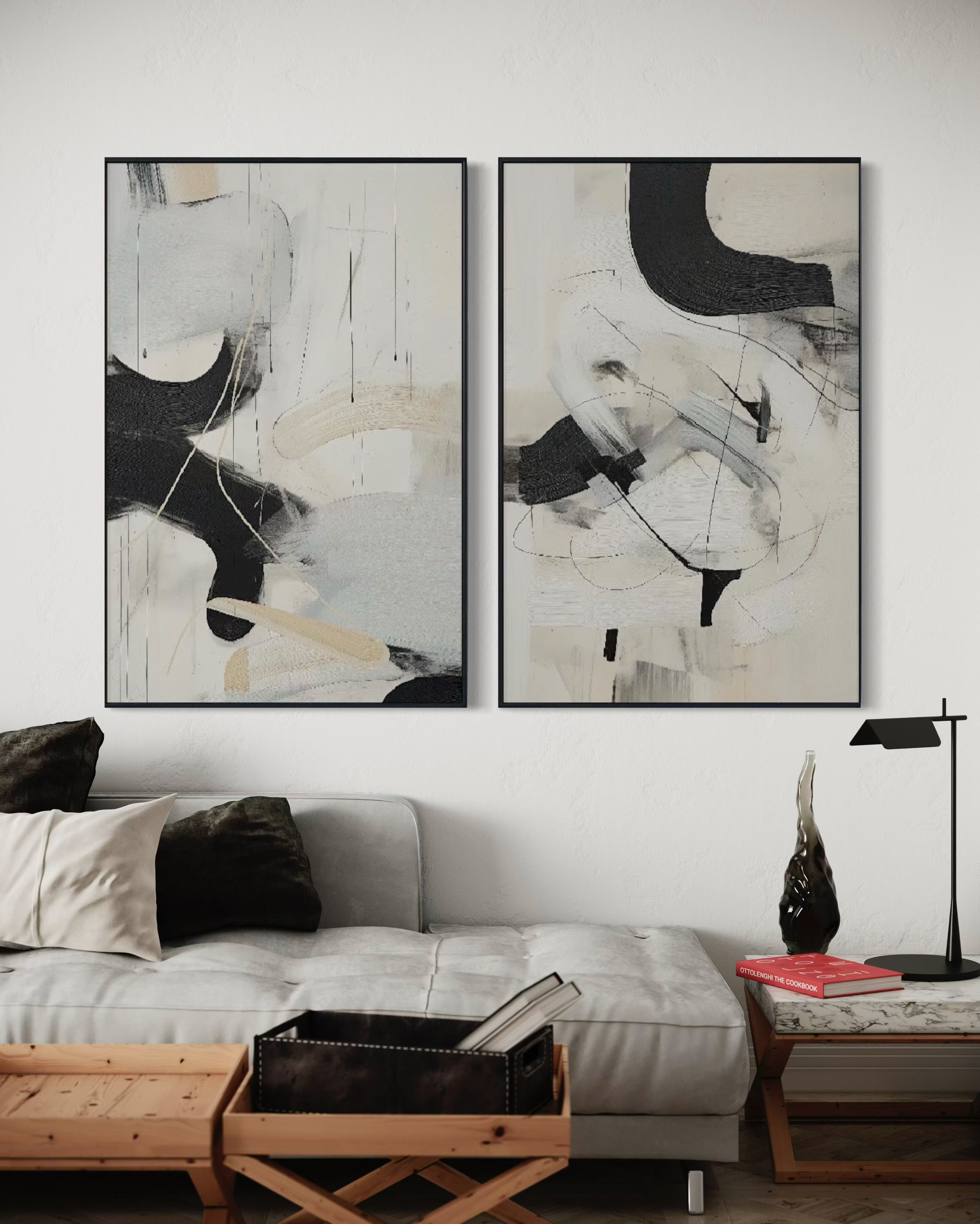 Set Cuadros Decorativos Abstracto Negro Arena 2 - 221 - Diptico Moderno Arte Minimalista Estilo Nordico Tonos Neutros