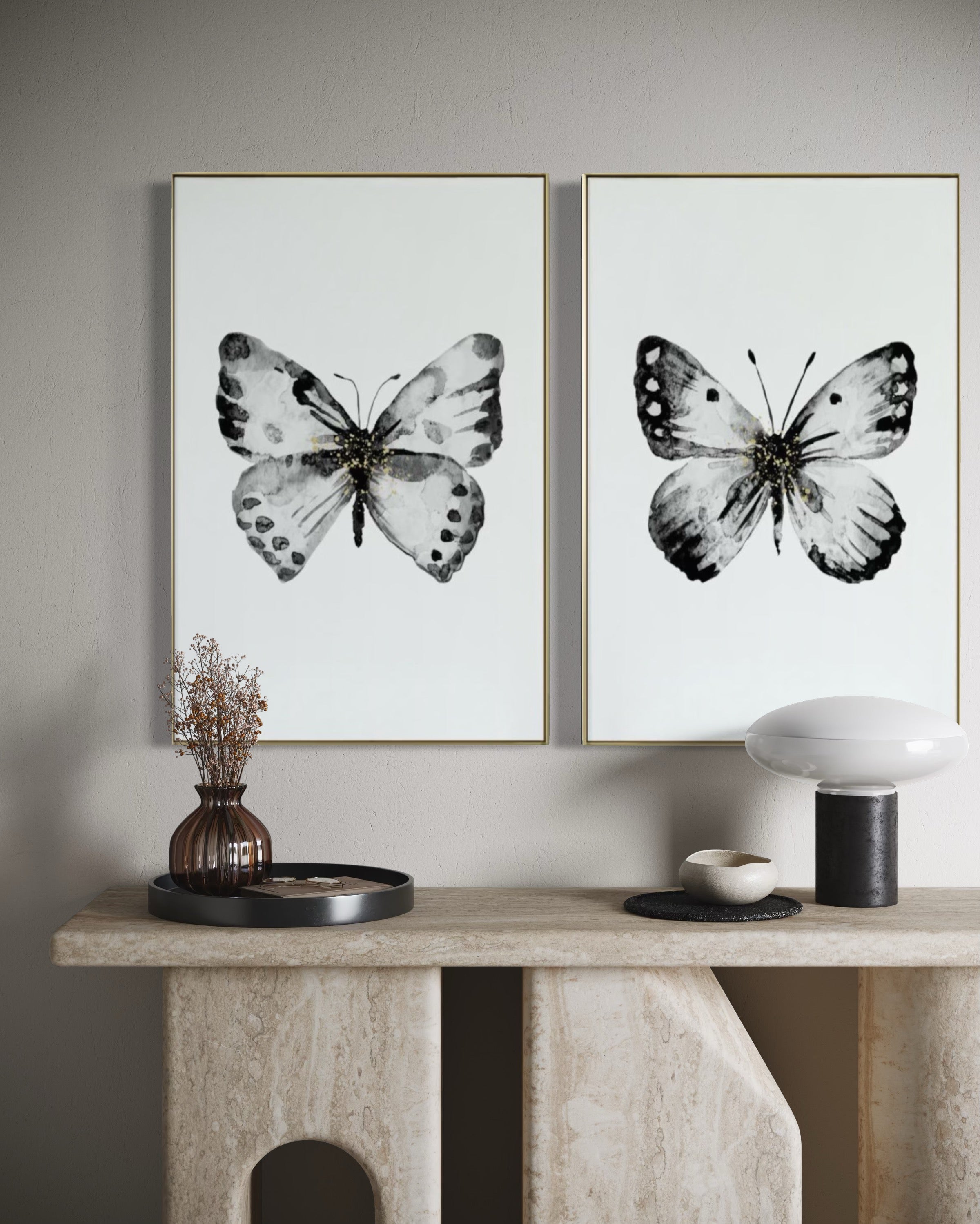 Cuadro Decorativo Abstracto Negro Arena 2-270 - Boceto Mariposas En Blanco, Negro y Dorado Arte Moderno Estilo Nordico