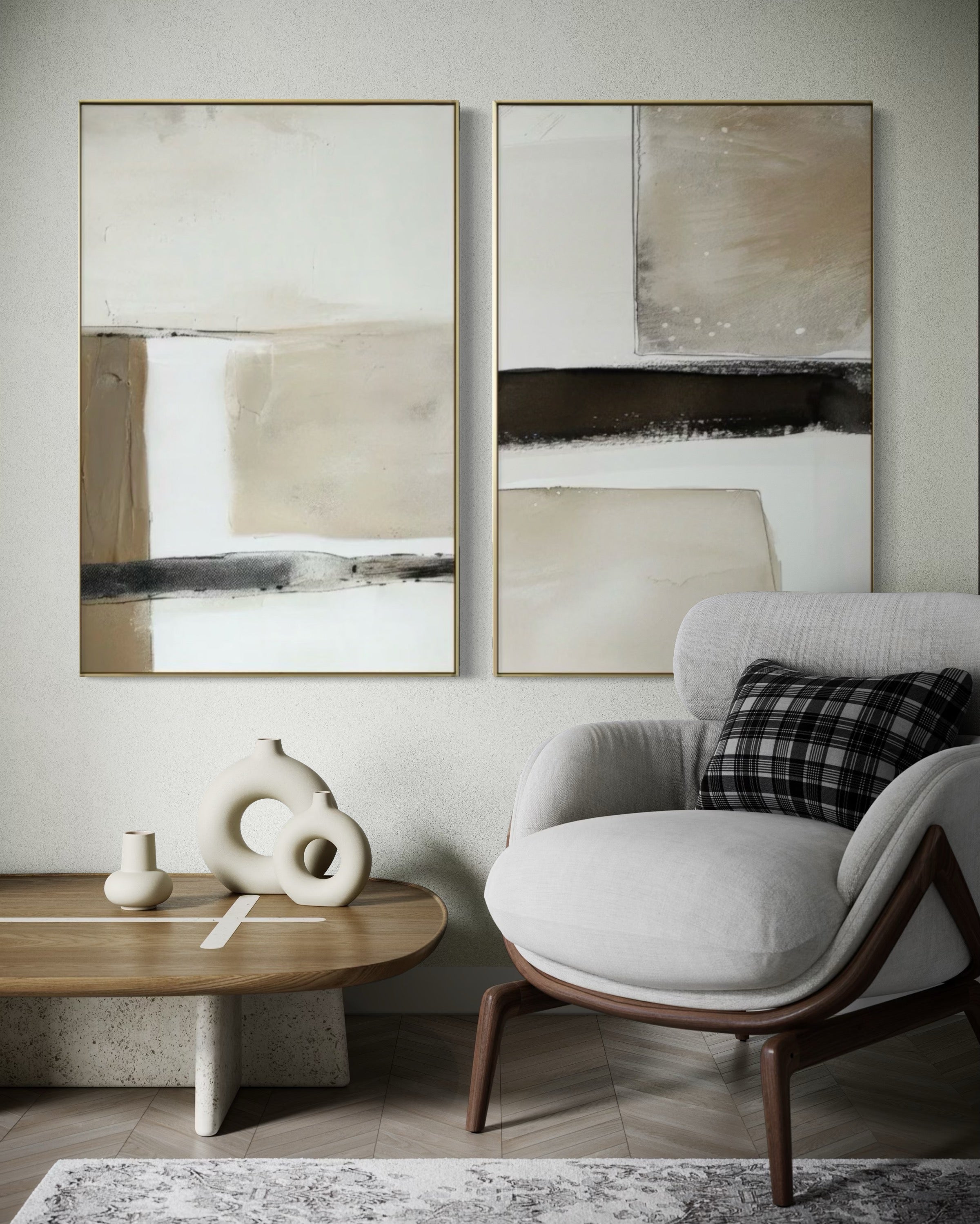 Set Cuadros Decorativos Abstracto Negro Arena 2 - 239 - Diptico Moderno y Minimalista en Negro, Beige y Cafe Tonos Neutros