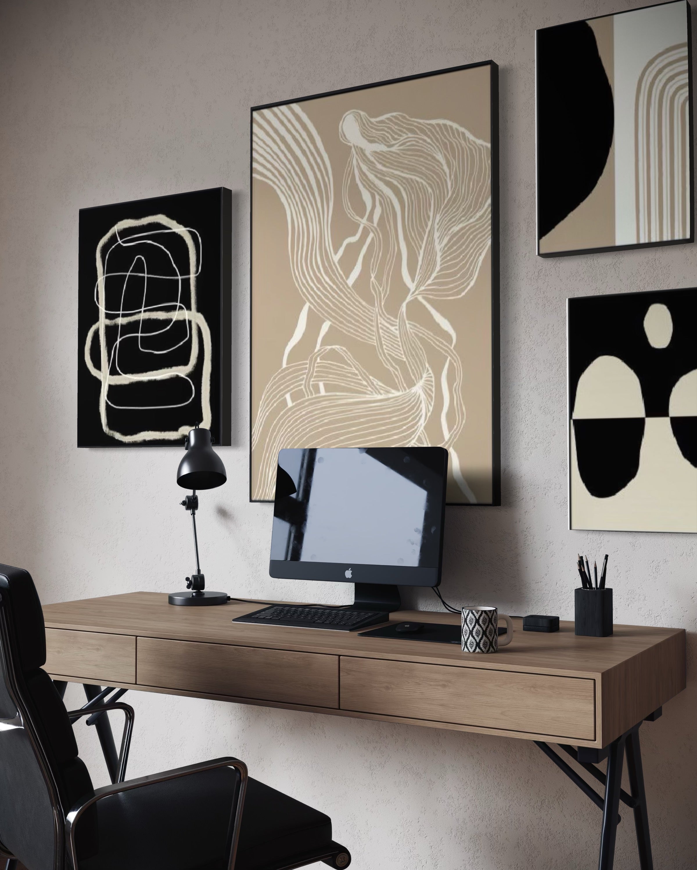 Set Cuadros Decorativos Abstracto Negro Arena 2 - 230 B - 4piezas Arte Moderno y Minimalista Estilo Nordico Tonos Neutros