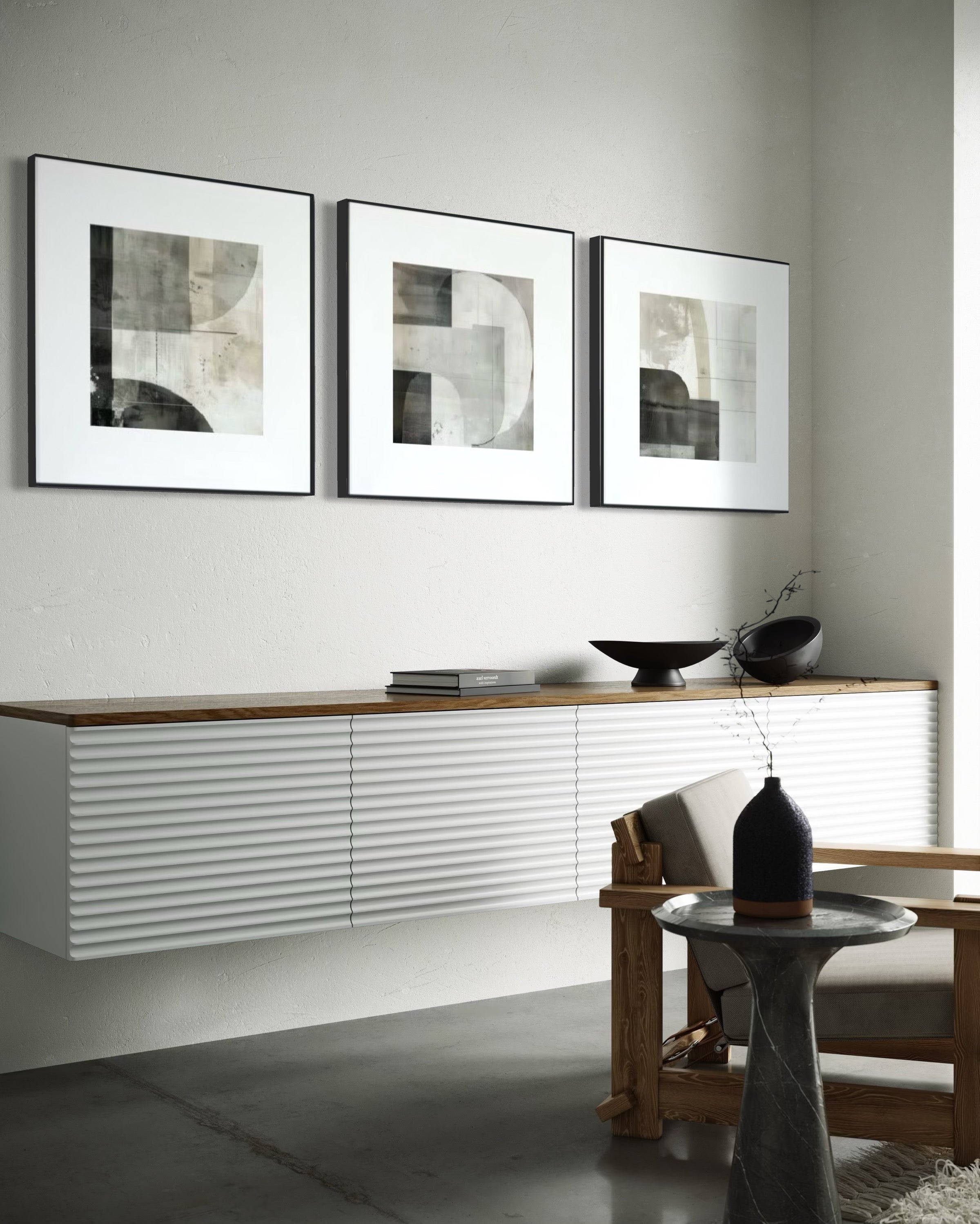 Set Cuadros Decorativos Abstracto Negro Arena  2 - 232 - Triptico Moderno y Elegante Arte Minimalista Estilo Nordico