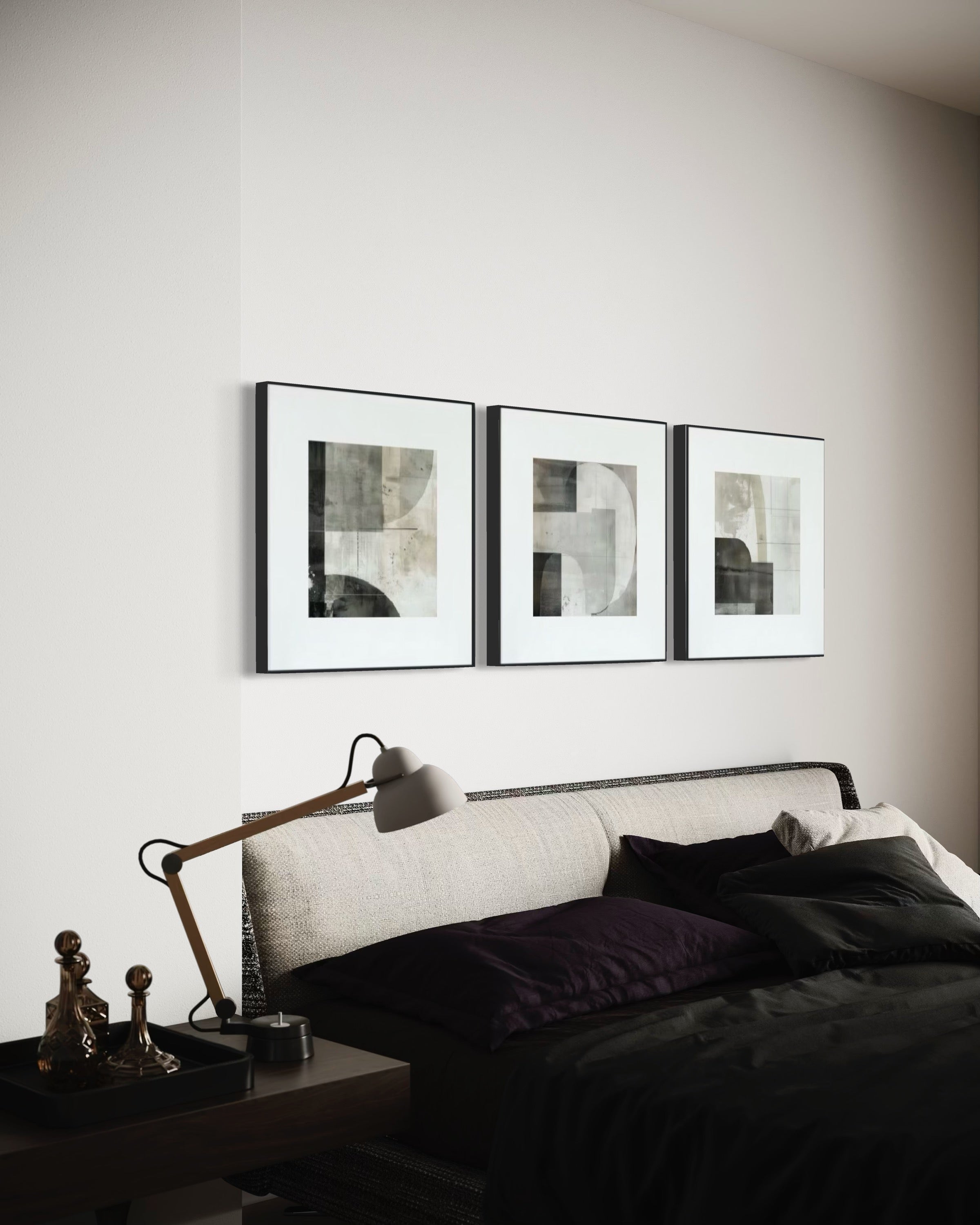 Set Cuadros Decorativos Abstracto Negro Arena  2 - 232 - Triptico Moderno y Elegante Arte Minimalista Estilo Nordico