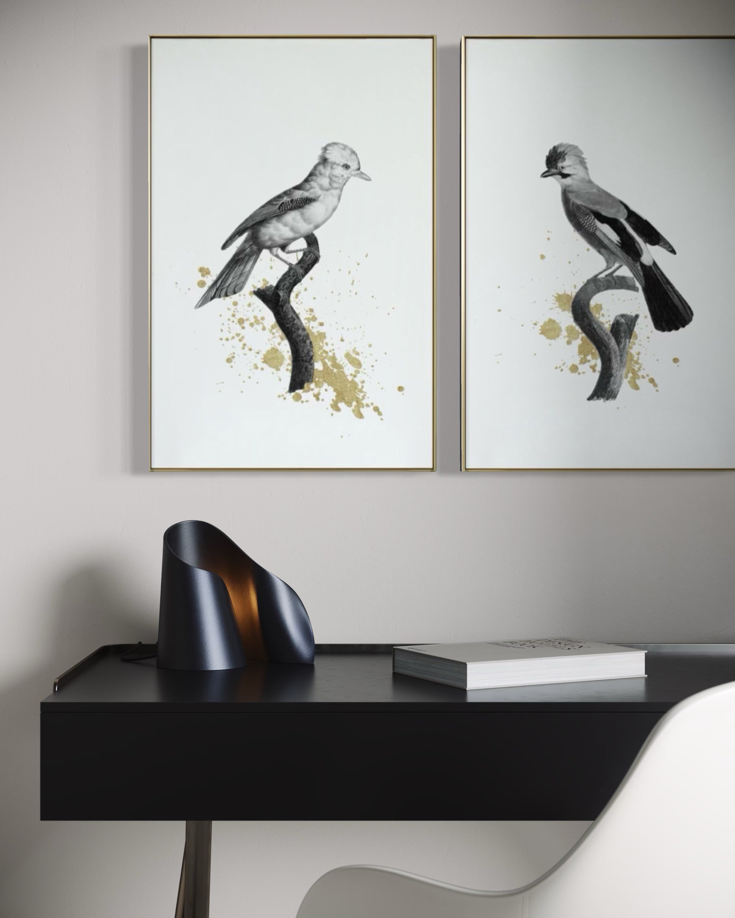 Set Cuadros Decorativos Abstracto Negro Arena 2 - 264 - Diptico Boceto de Pájaros Arte de Aves En Blanco, Negro y Dorado Oro