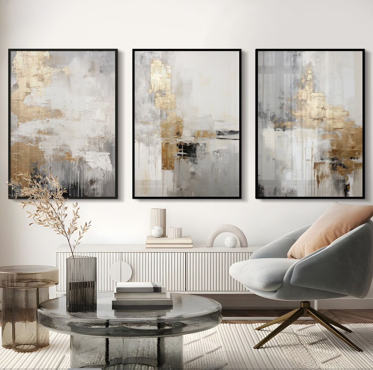 Set Cuadros Decorativos Abstracto Negro Arena 2-271 -Triptico  Moderno y Elegante en Tonos Negro, Gris, Beige y Dorado Oro