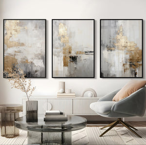 Set Cuadros Decorativos Abstracto Negro Arena 2-271 -Triptico  Moderno y Elegante en Tonos Negro, Gris, Beige y Dorado Oro