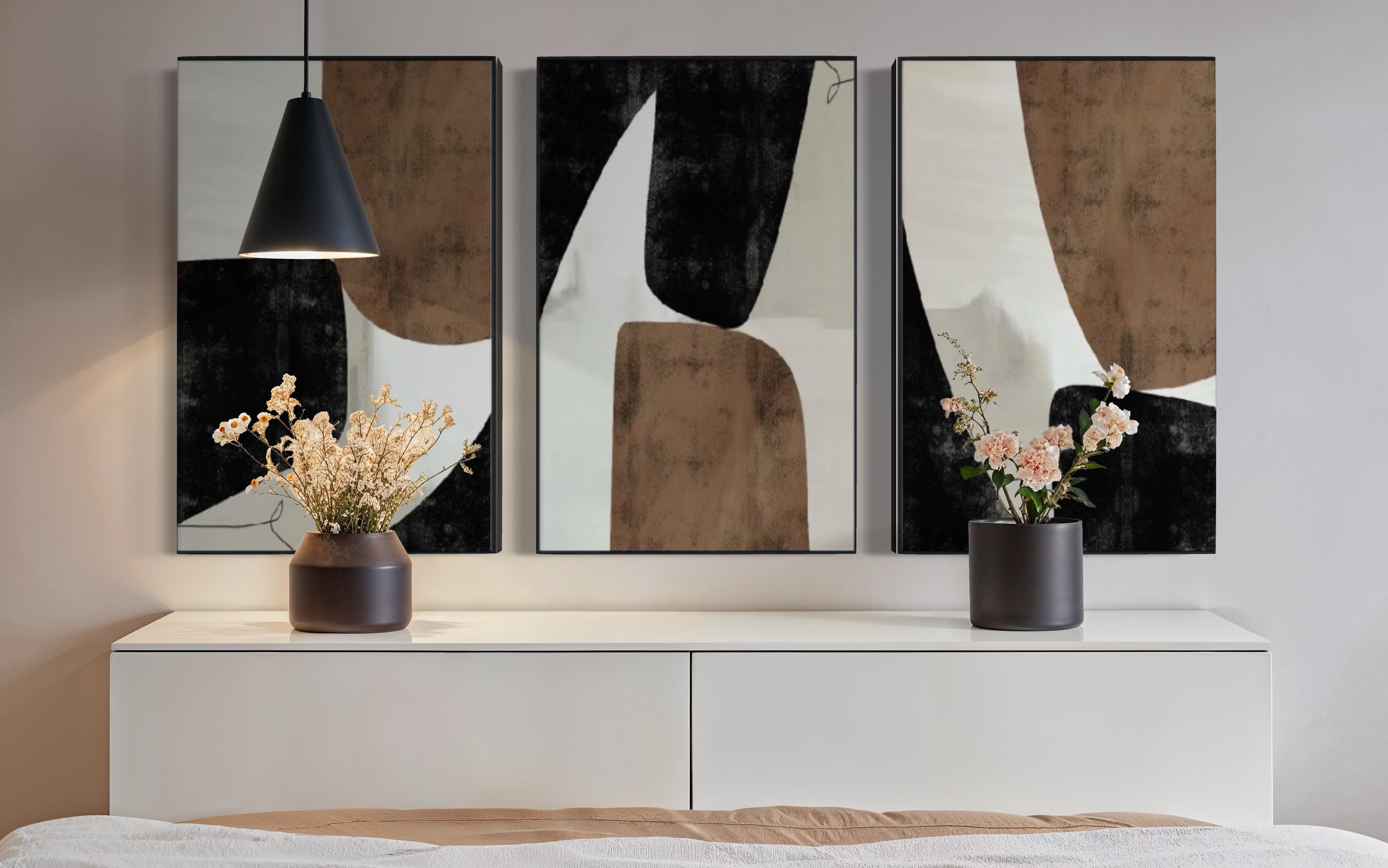 Set Cuadros Decorativos Abstracto Negro Arena 2-208 - Triptico Minimalista Estilo Nordico Arte Moderno y Elegante en Tonos Neutros