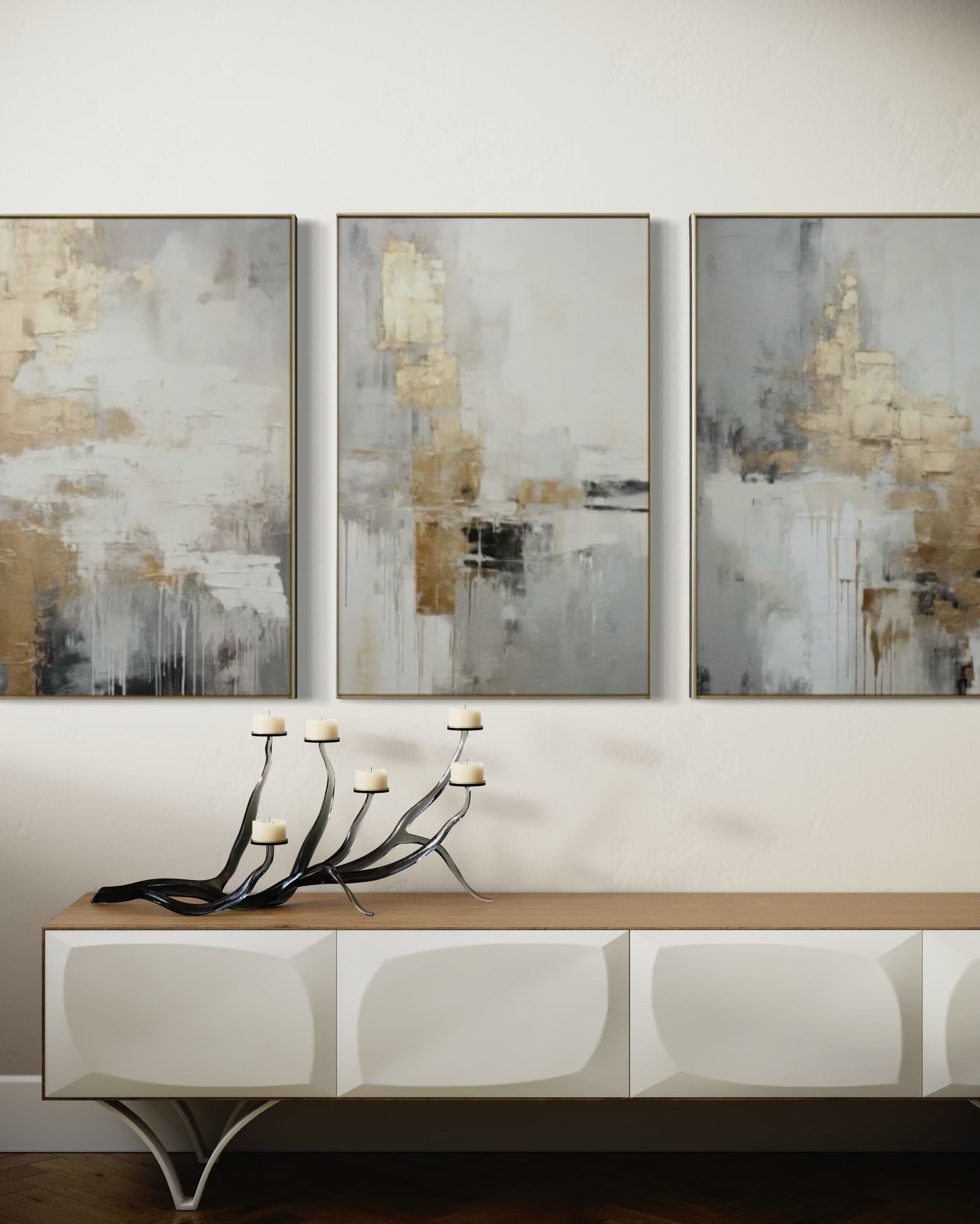 Set Cuadros Decorativos Abstracto Negro Arena 2-271 -Triptico  Moderno y Elegante en Tonos Negro, Gris, Beige y Dorado Oro