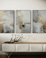 Cargar imagen en el visor de la galería, Set Cuadros Decorativos Abstracto Negro Arena 2-271 -Triptico  Moderno y Elegante en Tonos Negro, Gris, Beige y Dorado Oro
