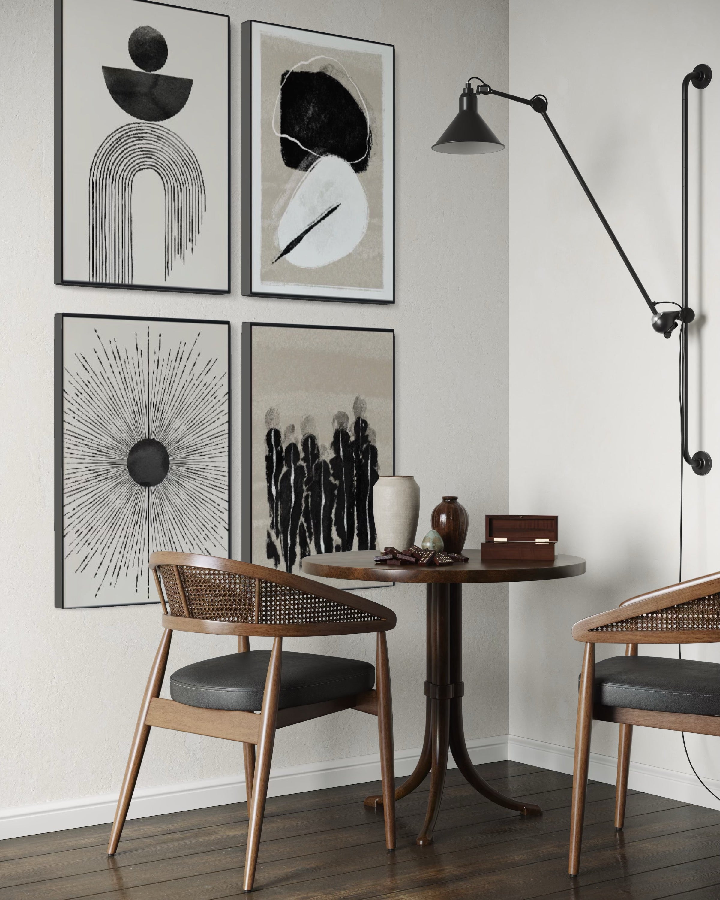 Set Cuadros Decorativos Abstracto Negro Arena 2 - 226C - 4piezas Arte Moderno y Elegante Estilo Nordico Boho en Tonos Neutros