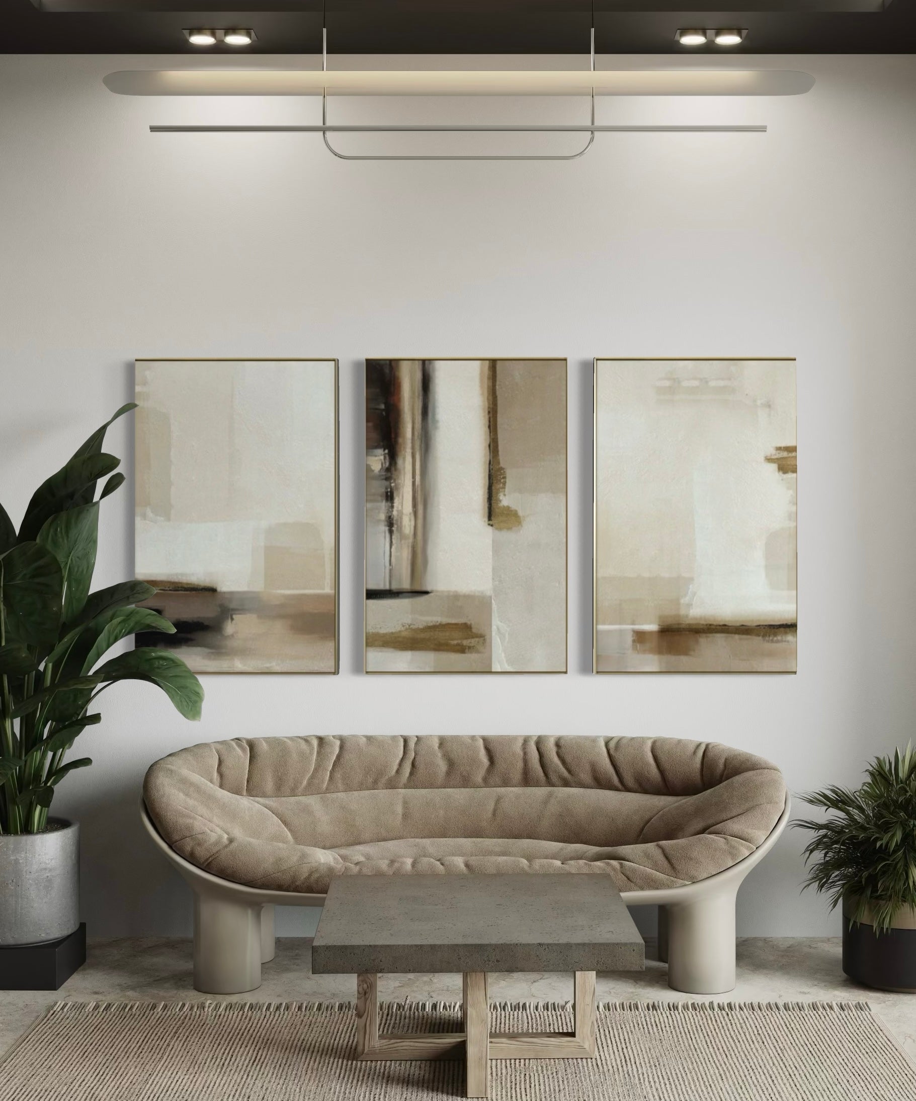 Set Cuadros Decorativos Abstracto Negro Arena 2 - 209 - Triptico Moderno y Elegante Arte Minimalista en Tonos Neutros