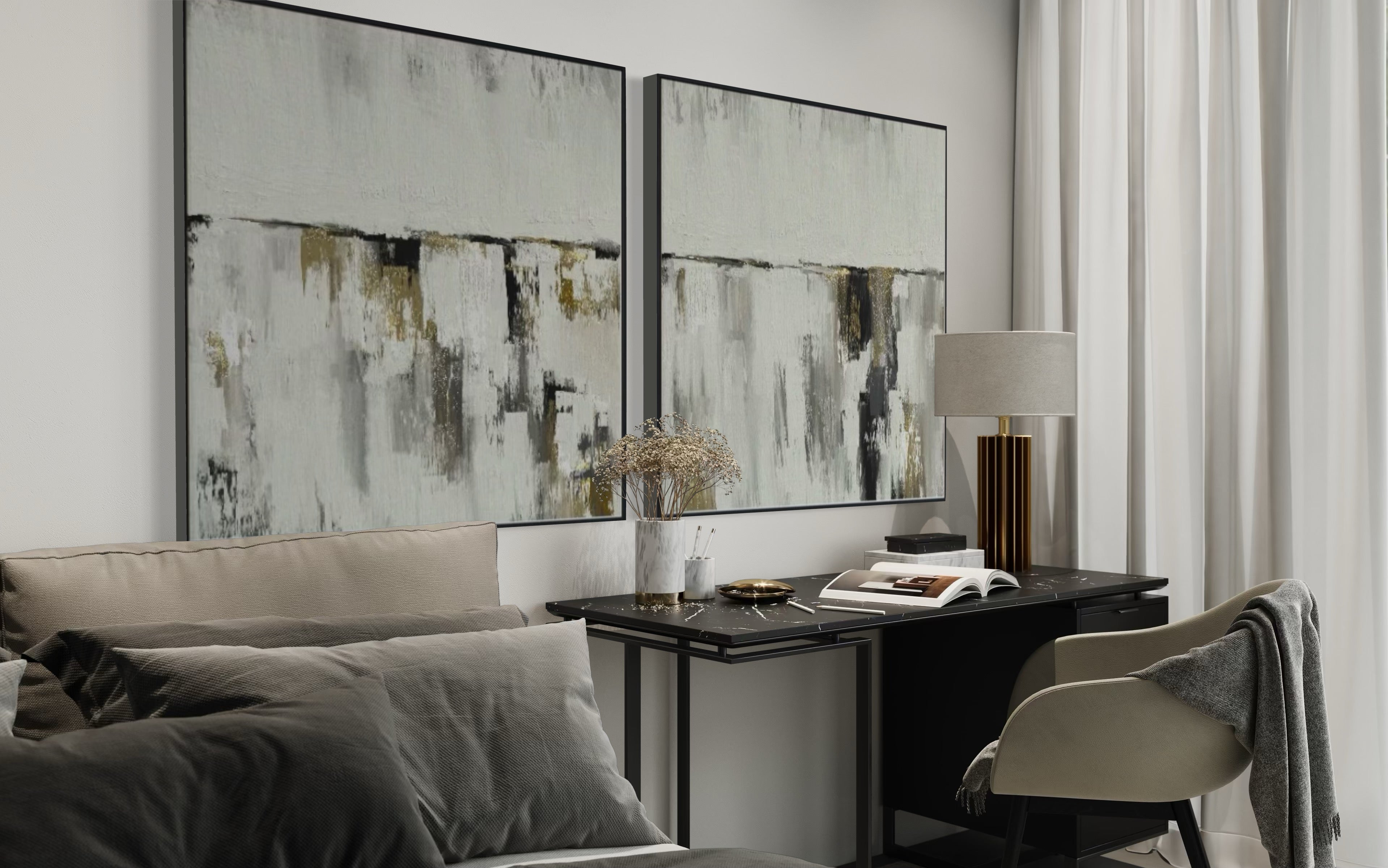 Set Cuadros Decorativos Abstracto Negro Arena 2 - 203 - Diptico Moderno y Minimalista Estilo Nordico en Tonos Neutros y un toque de Dorado Oro