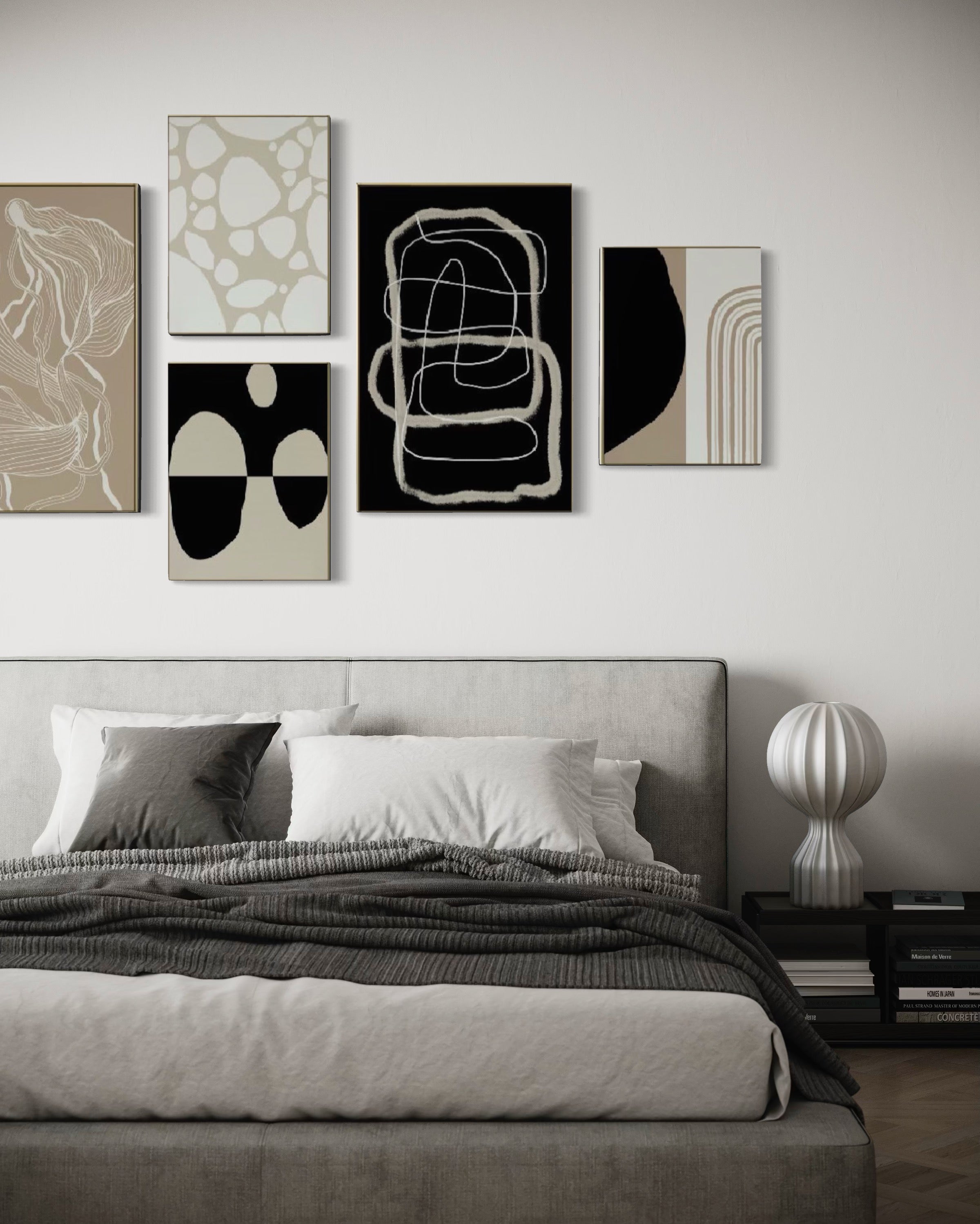 Set Cuadros Decorativos Abstracto Negro Arena 2 - 230A- 5piezas Arte Moderno Estilo Nordico Tonos Neutros