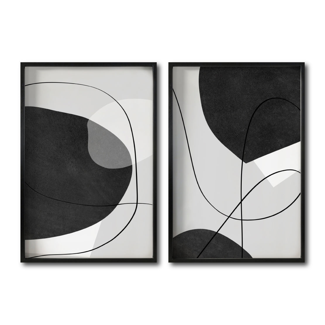 Set 2 Cuadros Decorativos Abstracto Negro Arena 043 - Arte Geométrico Lineal en Gris y Negro estilo Boho Minimalista