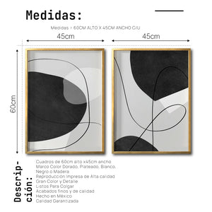 Set 2 Cuadros Decorativos Abstracto Negro Arena 043 - Arte Geométrico Lineal en Gris y Negro estilo Boho Minimalista