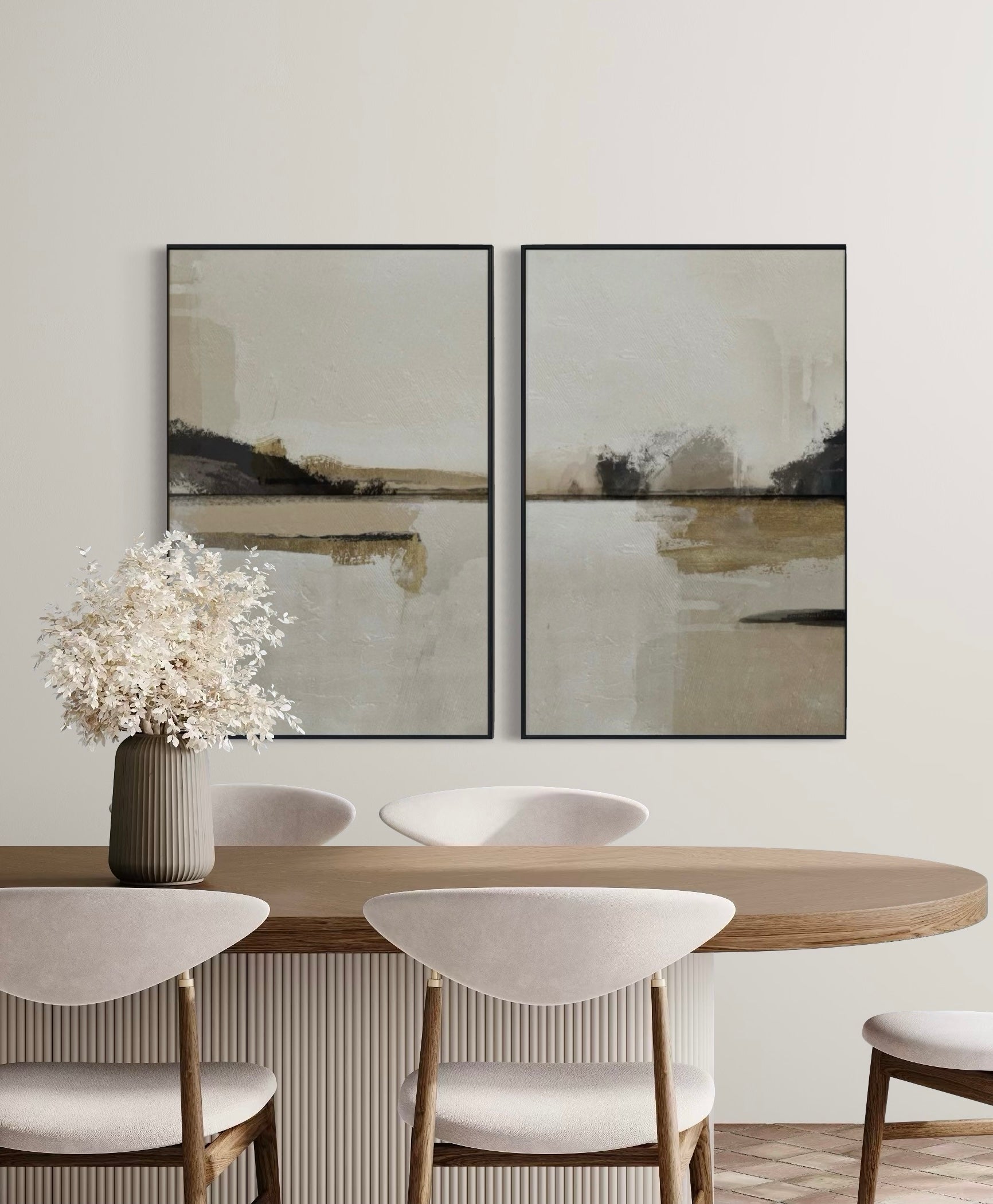 Set Cuadros Decorativos Abstracto Negro Arena 2 - 216 - Diptico Minimalista Arte Moderno y Elegante Tonos Beige y Negro