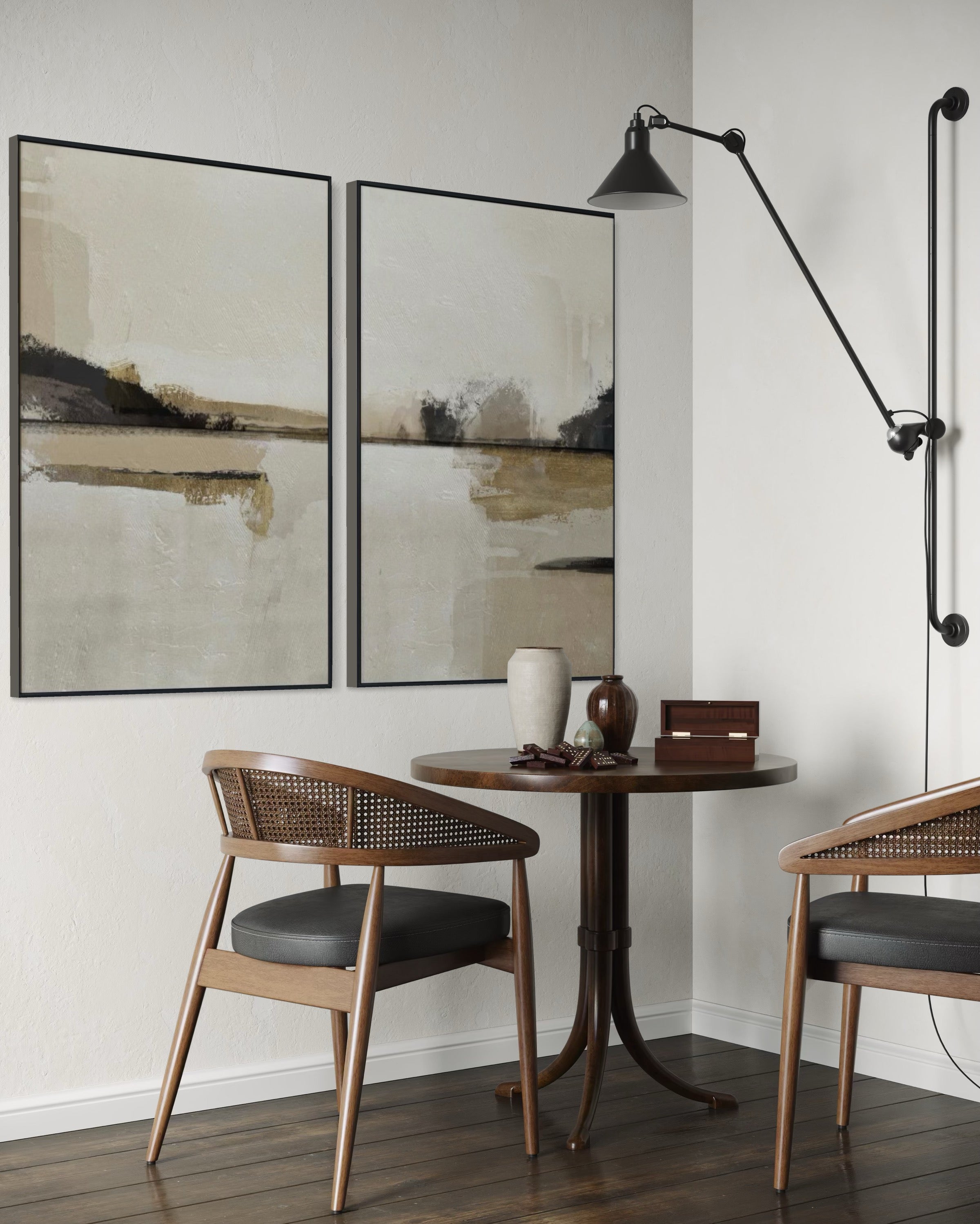 Set Cuadros Decorativos Abstracto Negro Arena 2 - 216 - Diptico Minimalista Arte Moderno y Elegante Tonos Beige y Negro