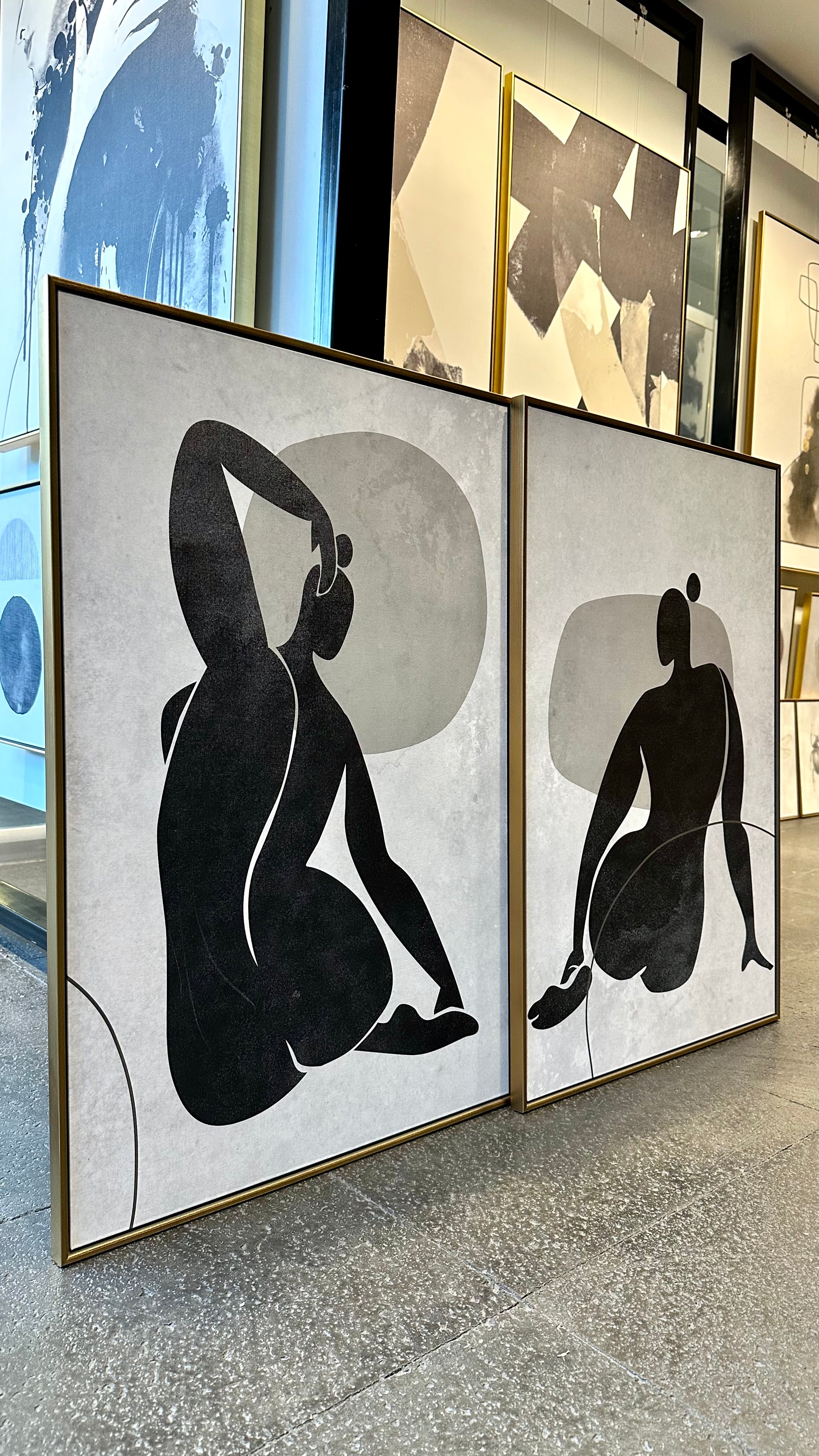Set  2 Cuadros Decorativos Abstracto Negro Arena 021 - Arte Boho Siluetas Femeninas-Diptico