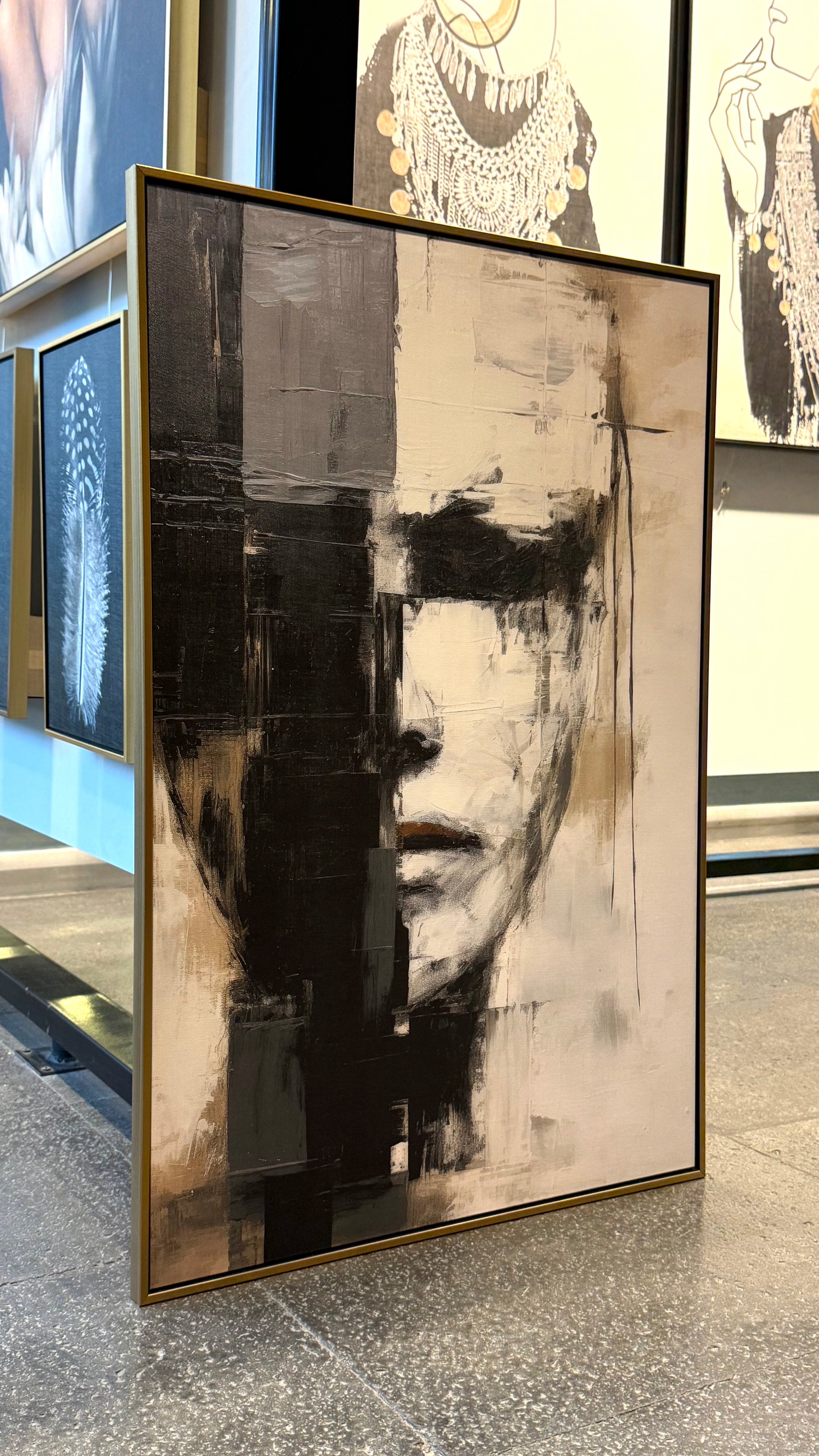 Cuadro Decorativo Abstracto Negro Arena 2-205 Rostro Estilo Nordico Cara Moderna en Tonos Neutros