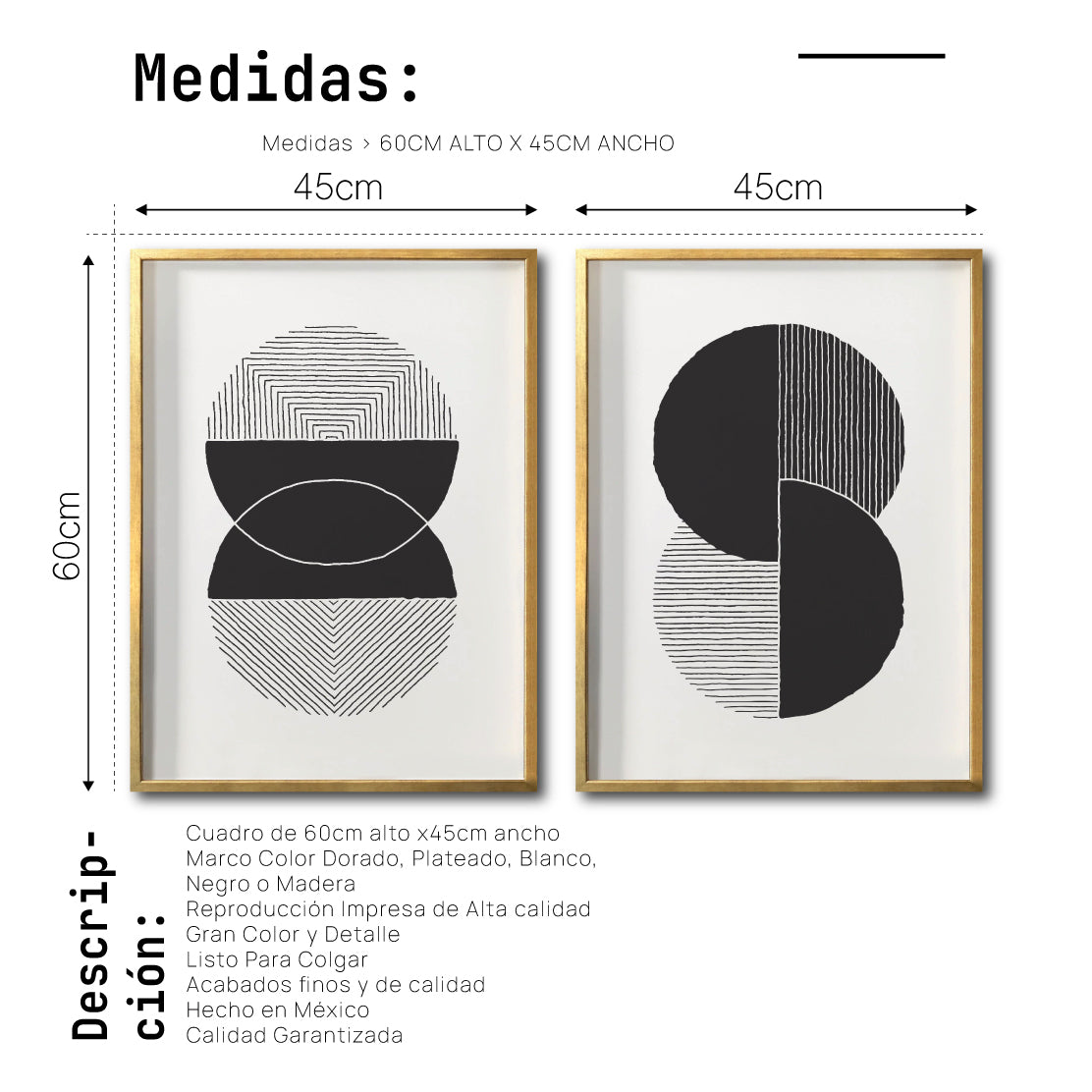 Set 2 Cuadros Decorativos Abstracto Negro Arena 044 - Arte Geométrico Círculos en Negro