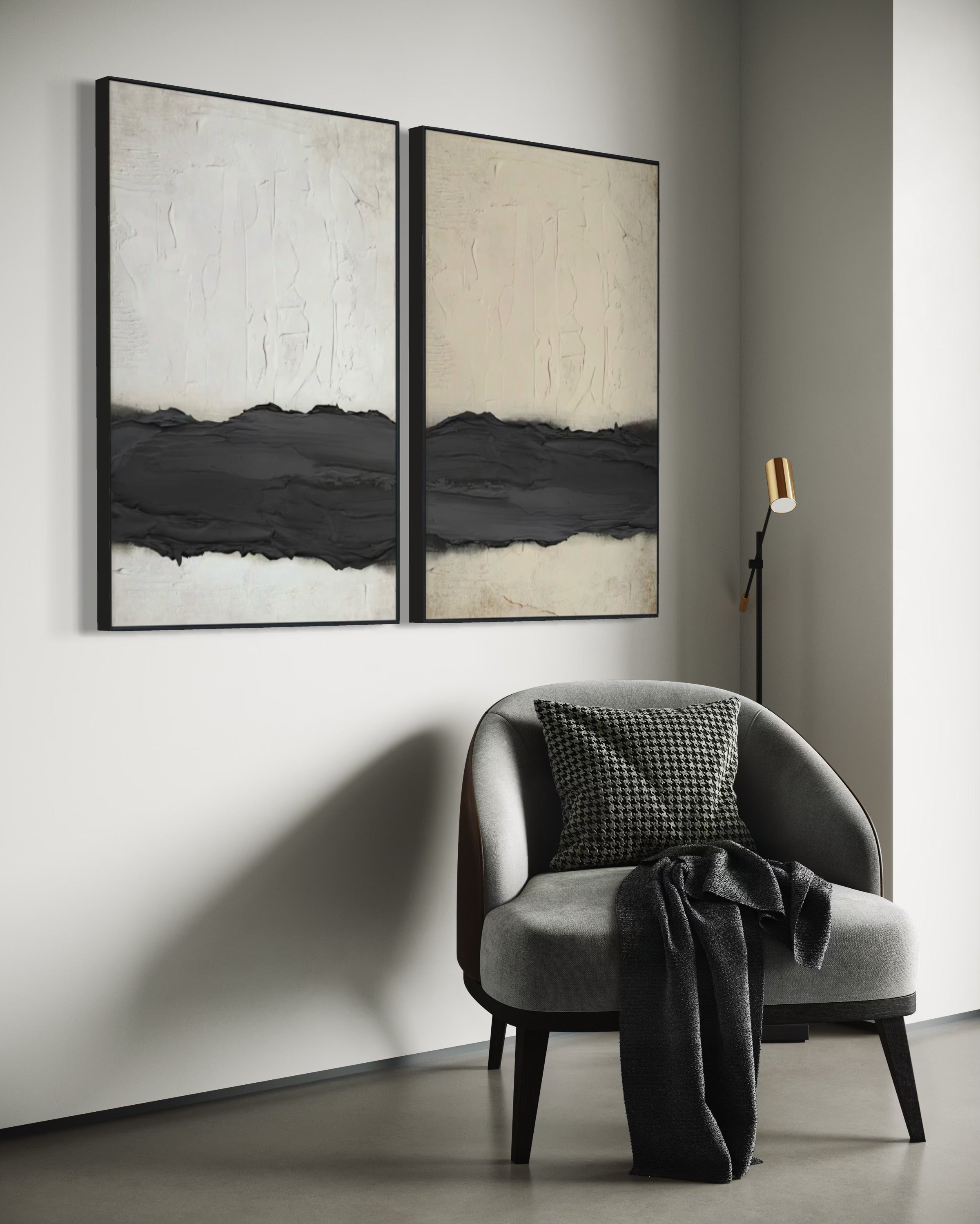 Set Cuadros Decorativos Abstracto Negro Arena 2-241 - Diptico Moderno y Minimalista Arte Estilo Nordico Tonos Neutros