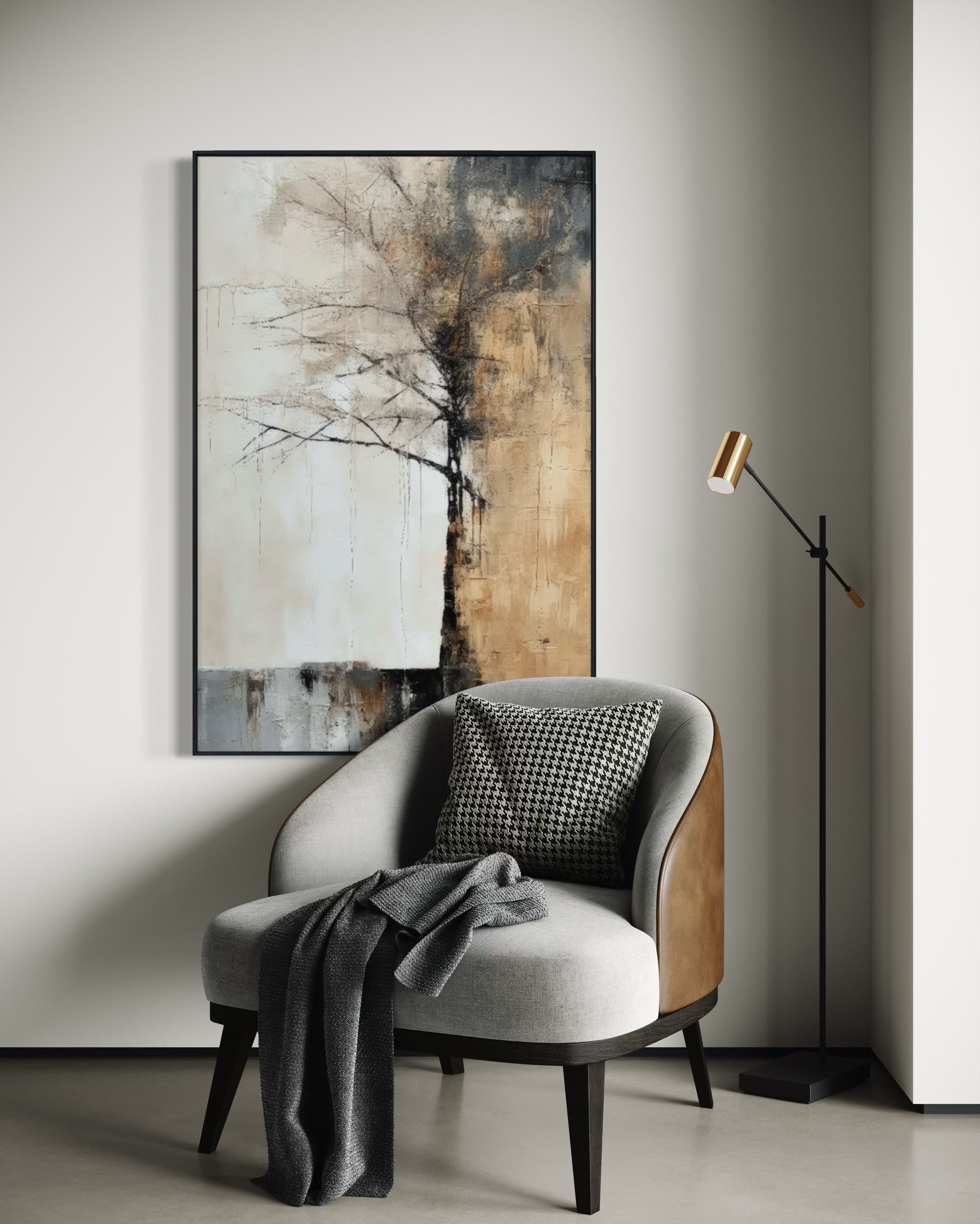 Cuadro Decorativo Abstracto Negro Arena 2-215 Árbol Minimalista y Elegante en Dorado y Tonos Neutros Oro