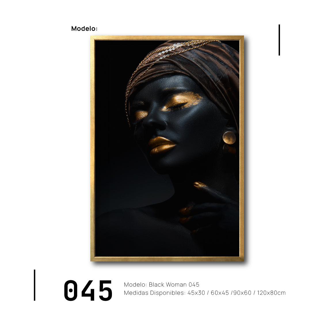 Cuadro decorativo Canvas Mujer Negra Rostro con Dorado para sala en México. 045  Arte en blanco y negro.