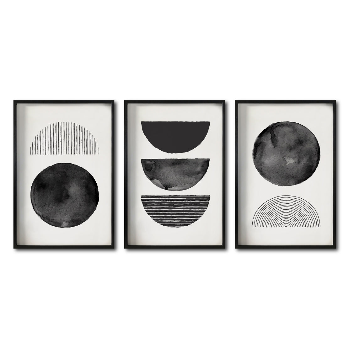 Set 3 Cuadros Decorativos Abstracto Negro Arena 045 - Arte Geométrico Círculos en Negro Estilo Boho Minimalista