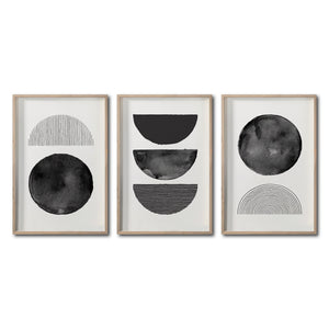 Set 3 Cuadros Decorativos Abstracto Negro Arena 045 - Arte Geométrico Círculos en Negro Estilo Boho Minimalista