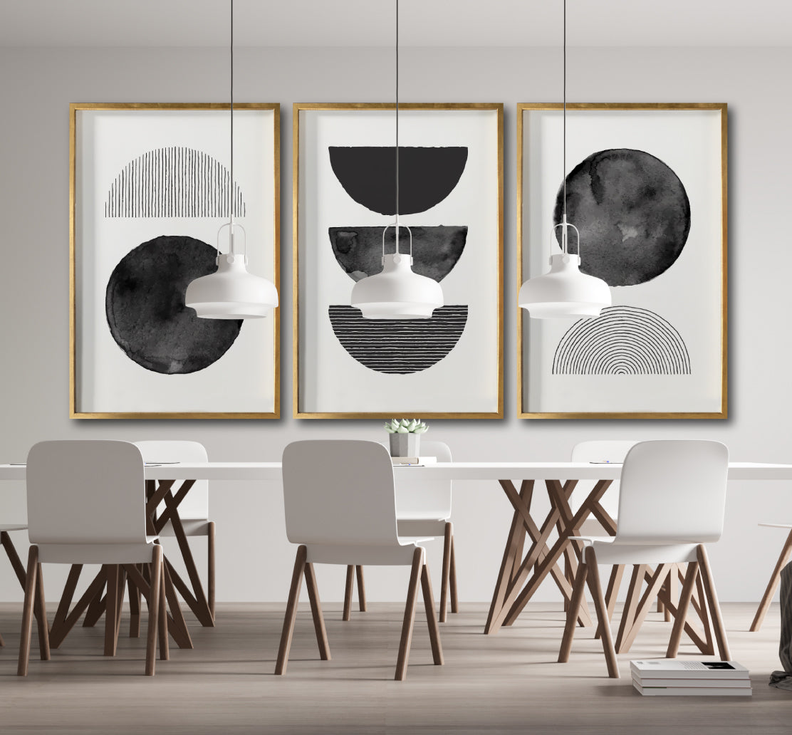 Set 3 Cuadros Decorativos Abstracto Negro Arena 045 - Arte Geométrico Círculos en Negro Estilo Boho Minimalista