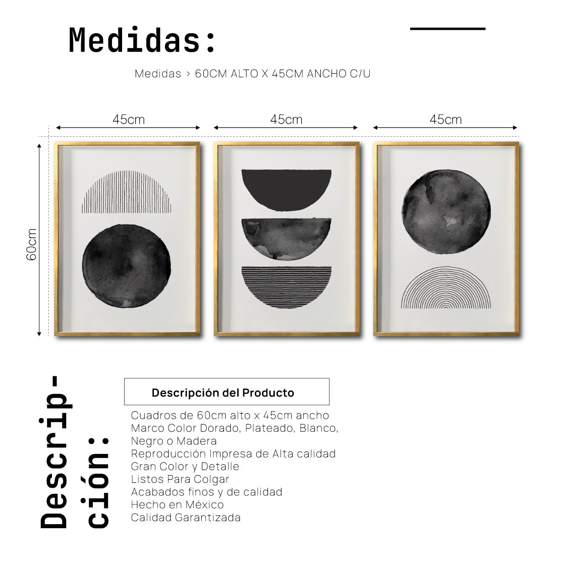 Set 3 Cuadros Decorativos Abstracto Negro Arena 045 - Arte Geométrico Círculos en Negro Estilo Boho Minimalista