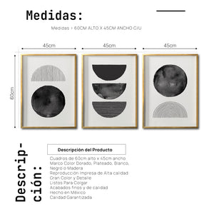 Set 3 Cuadros Decorativos Abstracto Negro Arena 045 - Arte Geométrico Círculos en Negro Estilo Boho Minimalista