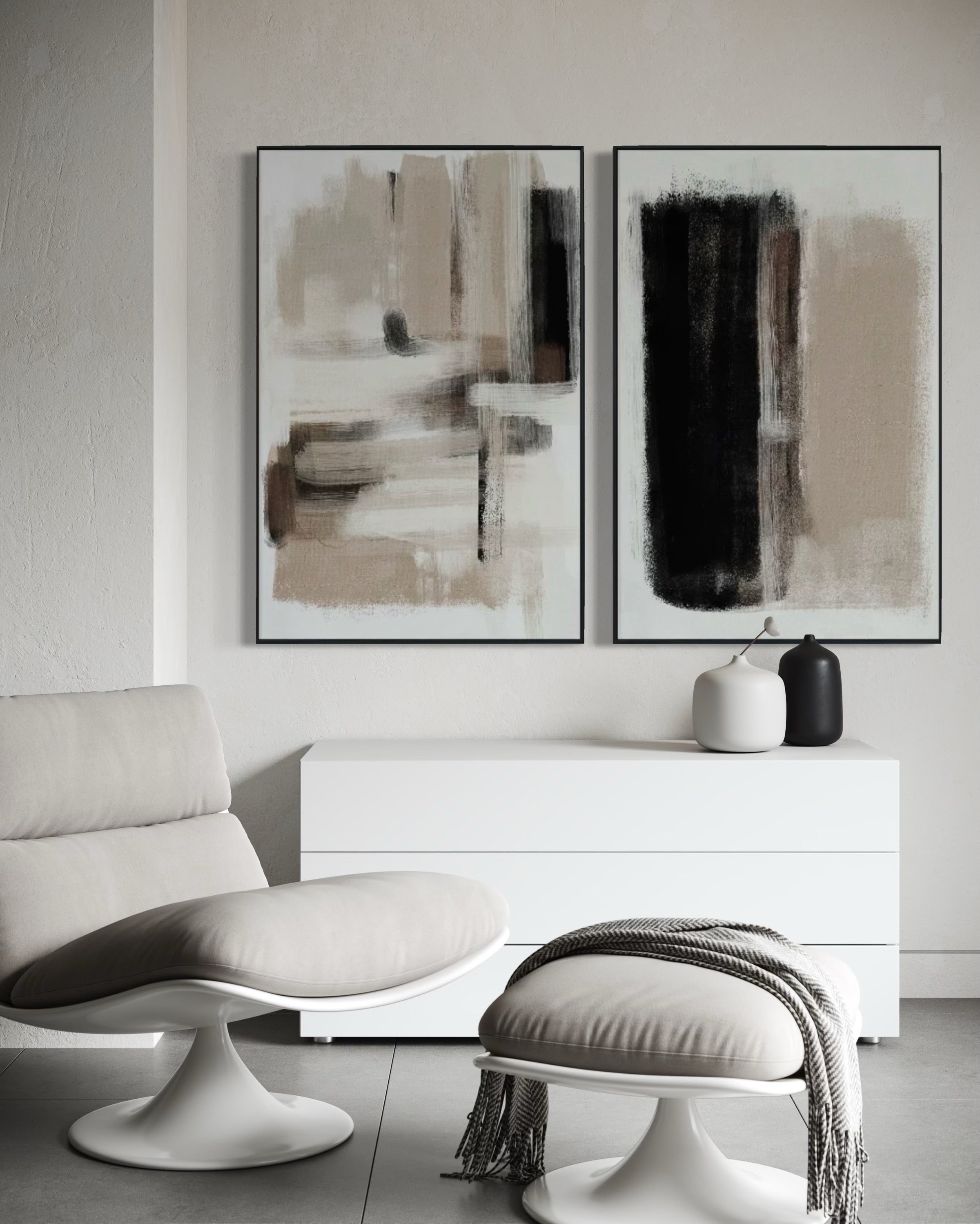 Set Cuadros Decorativos Abstracto Negro Arena 2 - 204 - Díptico Moderno y Minimalista estilo Nordico En Tonos Neutros Beige, Negro y Blanco