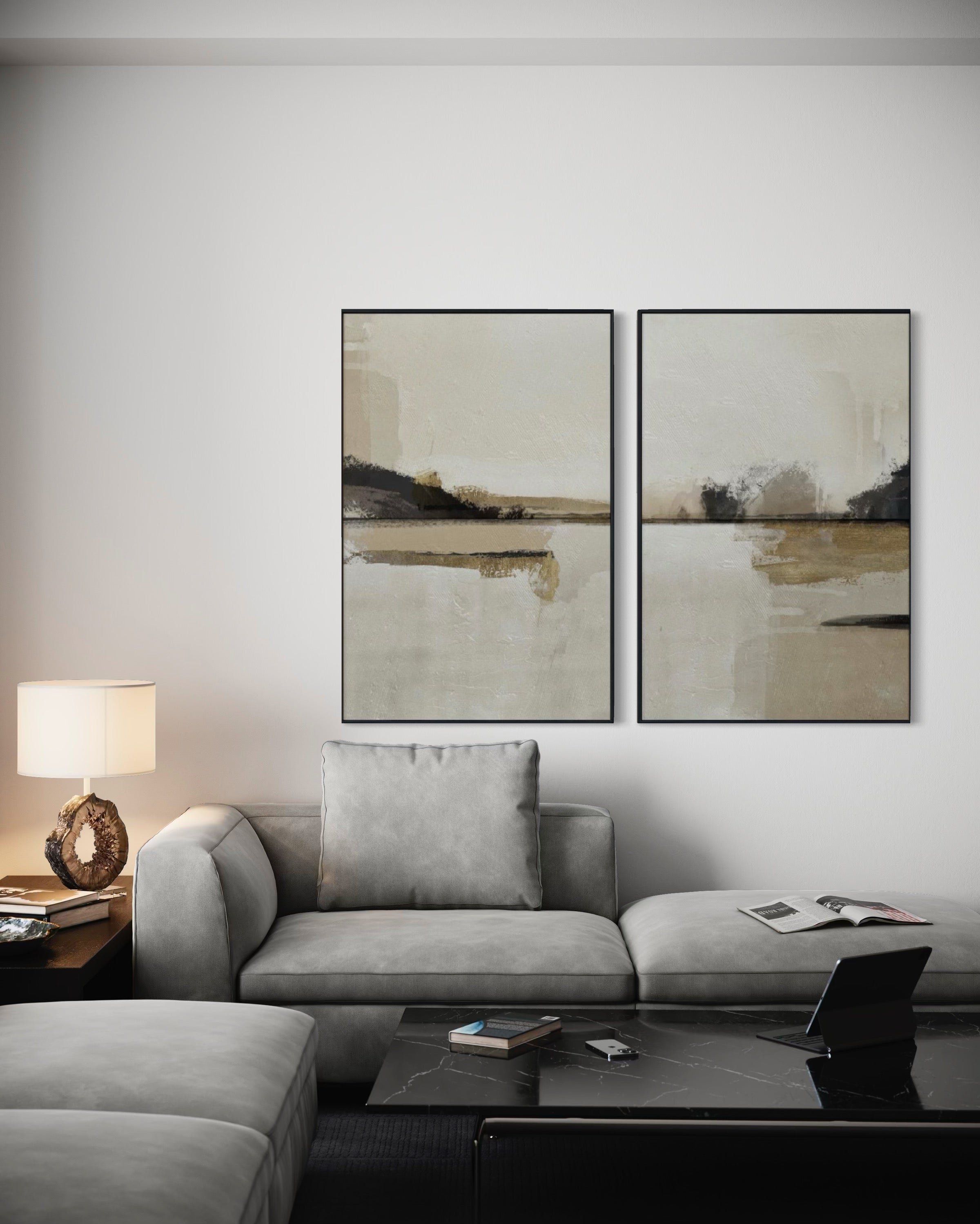 Set Cuadros Decorativos Abstracto Negro Arena 2 - 216 - Diptico Minimalista Arte Moderno y Elegante Tonos Beige y Negro