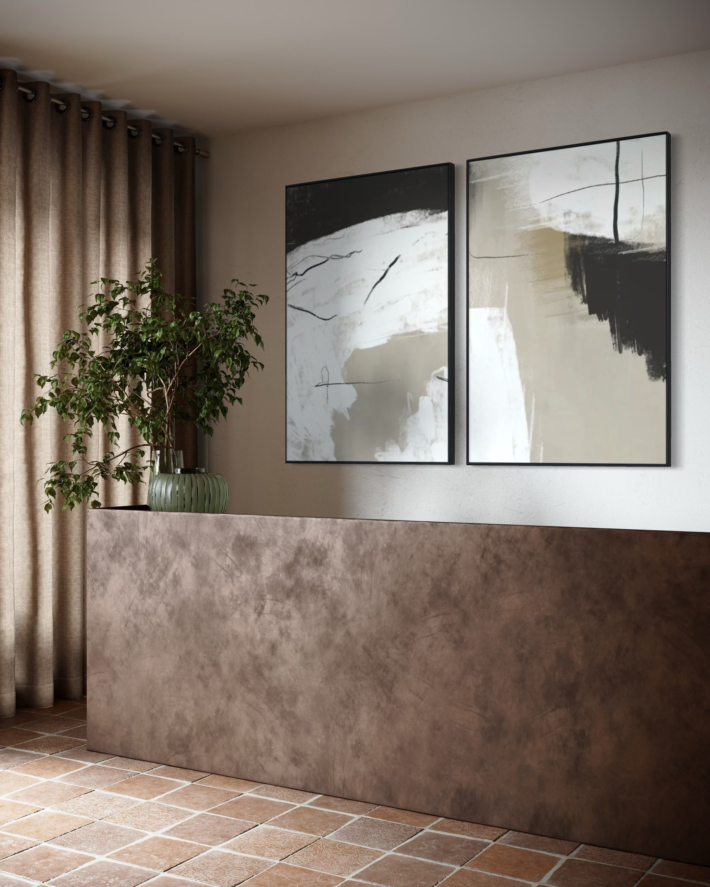 Set Cuadros Decorativos Abstracto Negro Arena  2 - 243 - Diptico Moderno Estilo Nordico Tonos Neutros