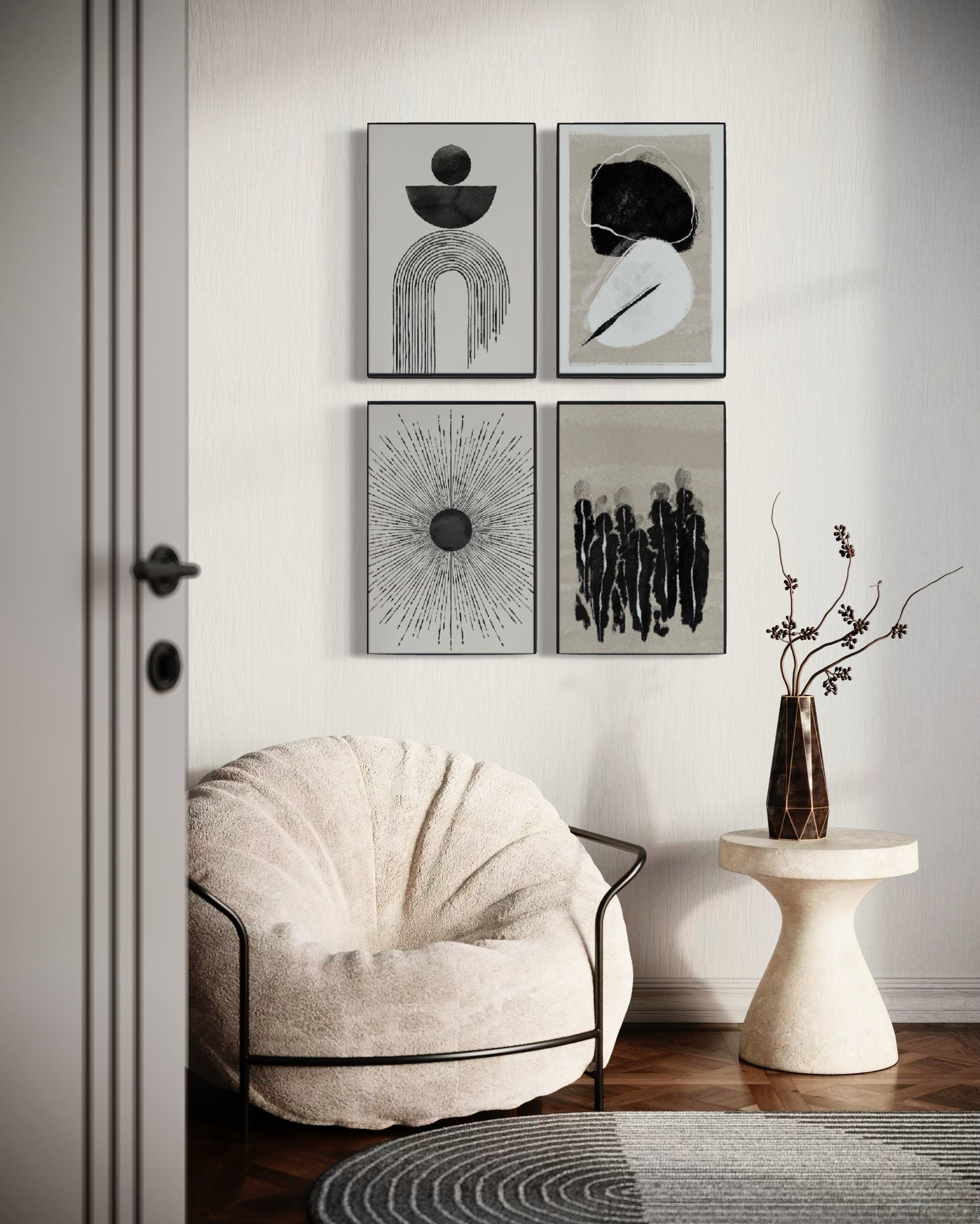 Set Cuadros Decorativos Abstracto Negro Arena 2 - 226C - 4piezas Arte Moderno y Elegante Estilo Nordico Boho en Tonos Neutros