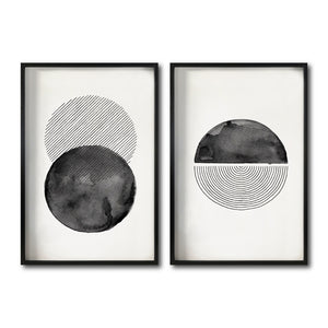 Set 2 Cuadros Decorativos Abstracto Negro Arena 046 - Arte Geométrico Círculos en Negro Estilo Boho Minimalista