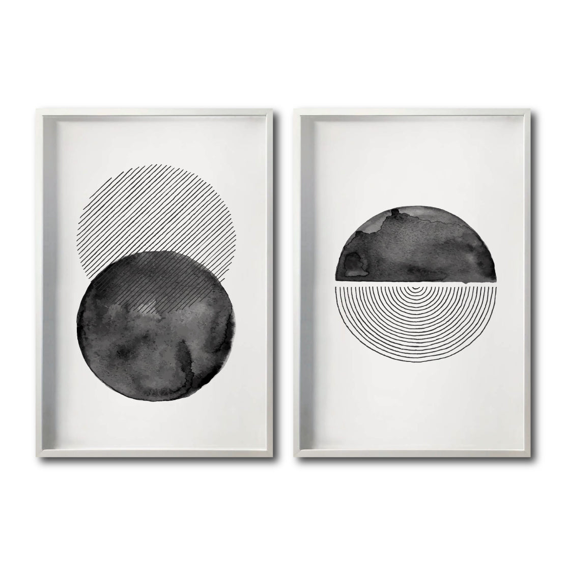 Set 2 Cuadros Decorativos Abstracto Negro Arena 046 - Arte Geométrico Círculos en Negro Estilo Boho Minimalista