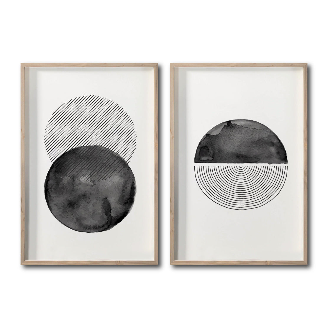 Set 2 Cuadros Decorativos Abstracto Negro Arena 046 - Arte Geométrico Círculos en Negro Estilo Boho Minimalista