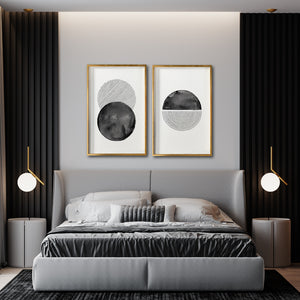 Set 2 Cuadros Decorativos Abstracto Negro Arena 046 - Arte Geométrico Círculos en Negro Estilo Boho Minimalista