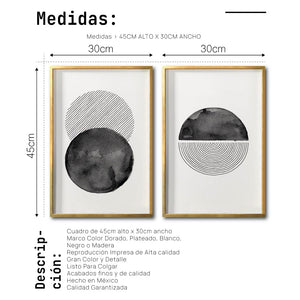 Set Cuadros Decorativos Abstracto Negro Arena 046 - Arte Geométrico Círculos en Negro Estilo Boho Minimalista-Para Sala