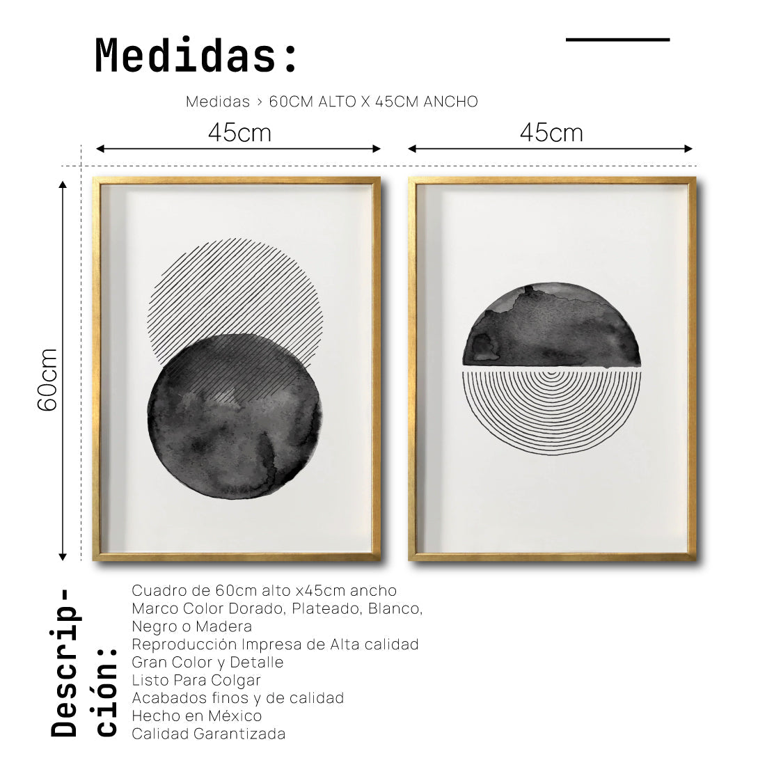 Set Cuadros Decorativos Abstracto Negro Arena 046 - Arte Geométrico Círculos en Negro Estilo Boho Minimalista-Para Sala